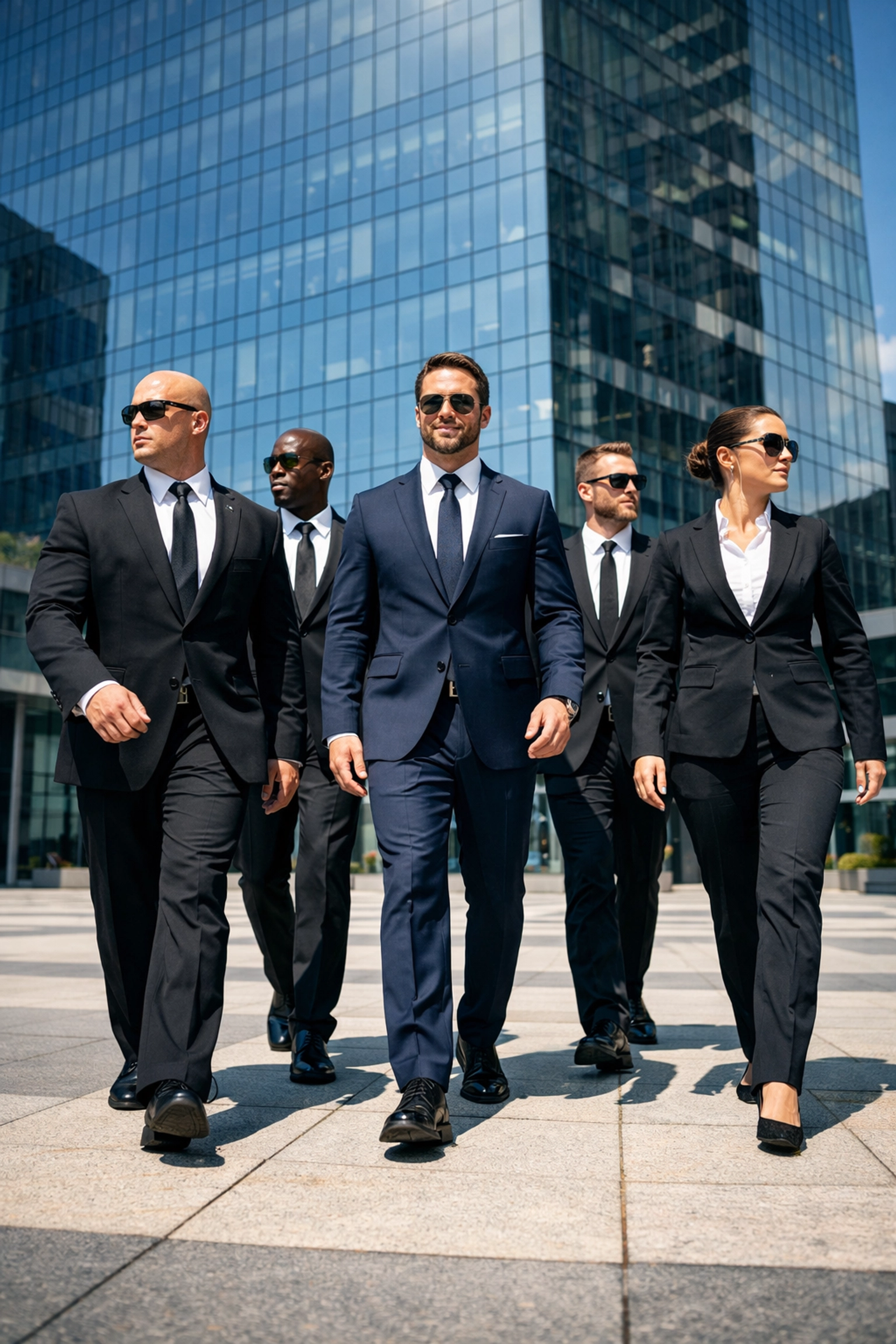 A unified security team in tactical diamond formation providing elite vip protection in Medellin.