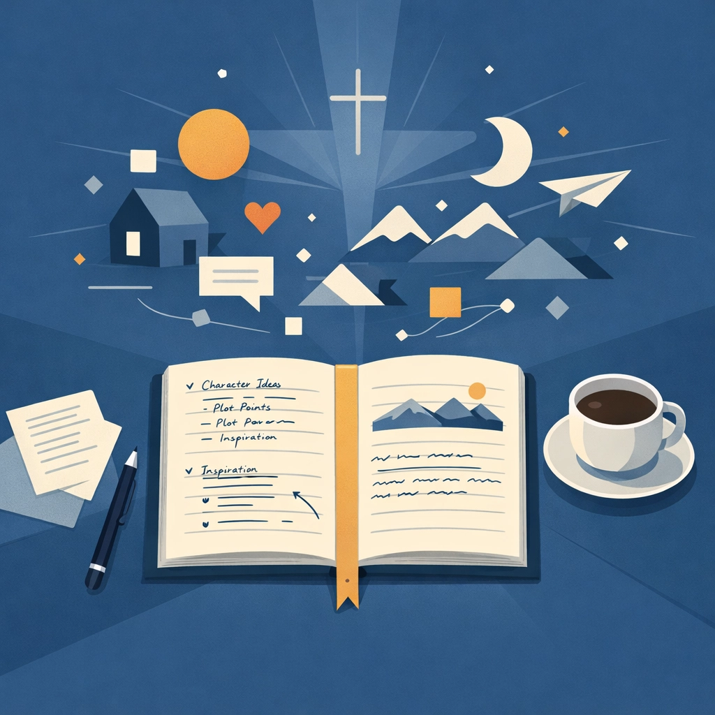 Faith-based storytelling workspace with notebook and creative elements