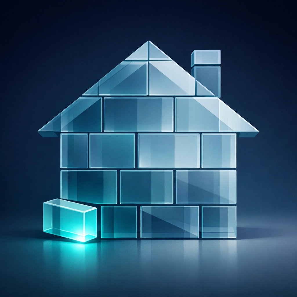 Stylized house with a glowing foundation block illustrating hidden flaws in outdated property transfers NSW.