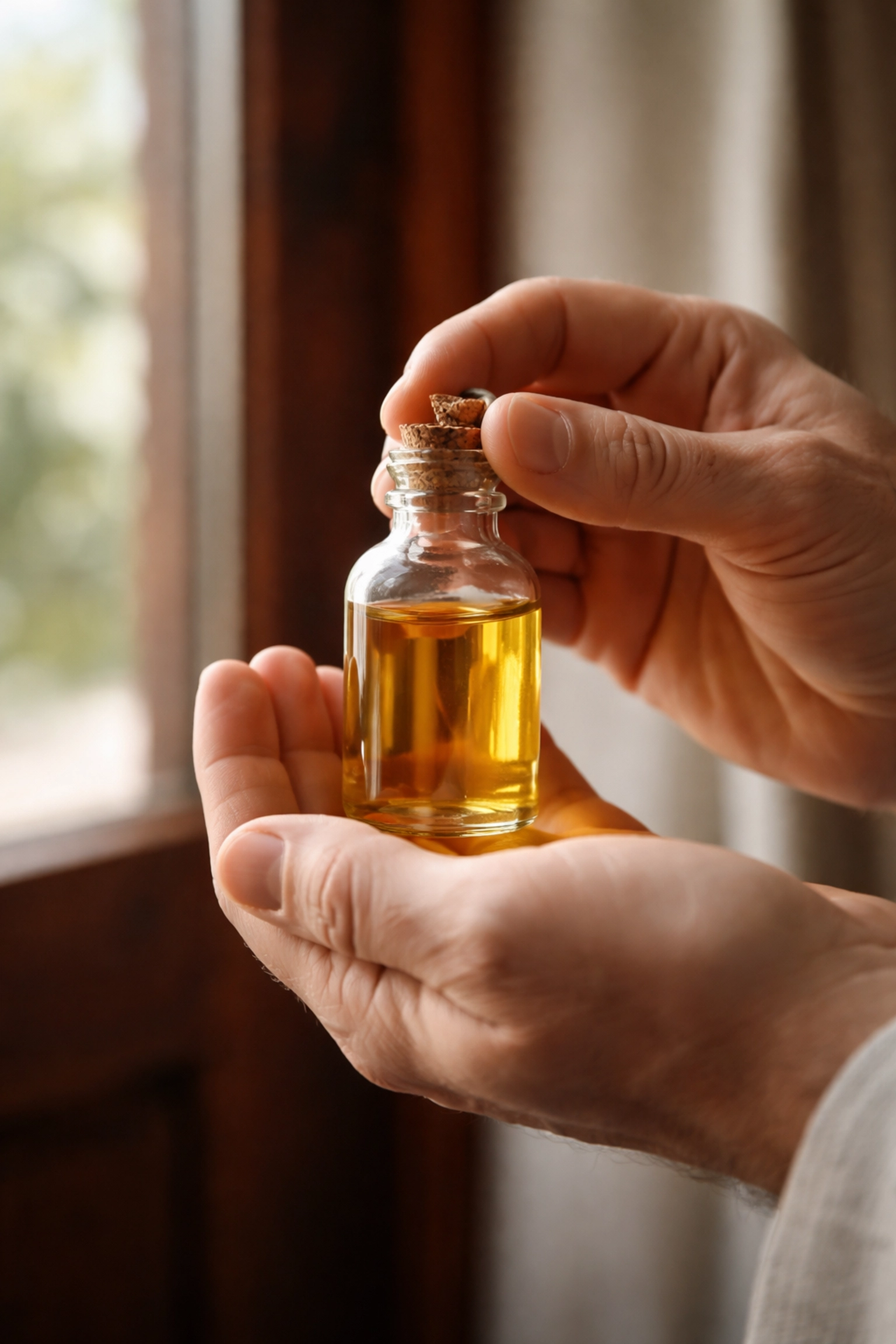 Hands holding anointing oil near doorframe, demonstrating spiritual cleansing steps for breaking curses