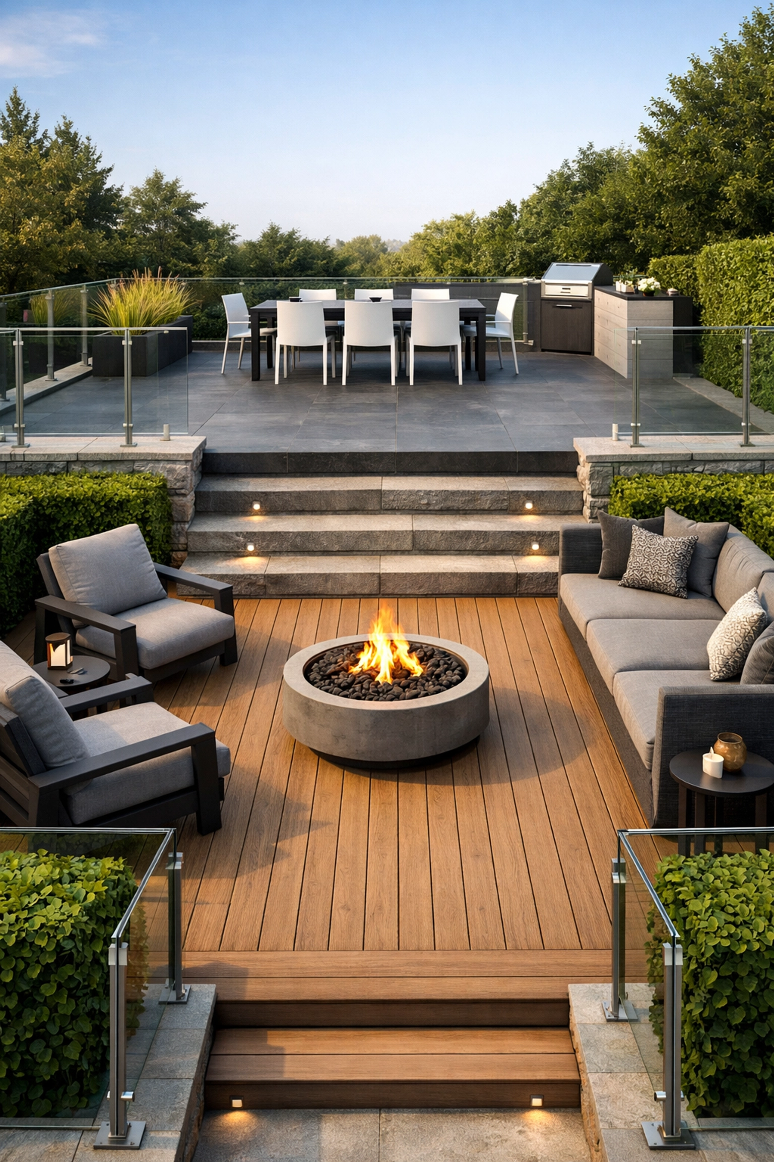 Modern garden zoning with a charcoal porcelain patio and wood-effect composite decking in a Cardiff home.
