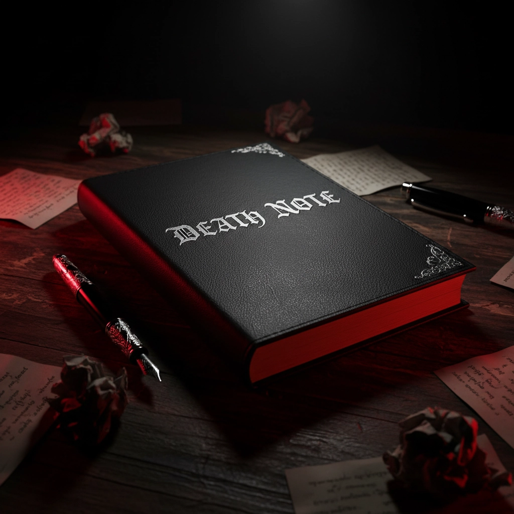 A black book titled "Death Note" on a wooden table with scattered crumpled papers and a pen, lit with red light, creating a mysterious mood.
