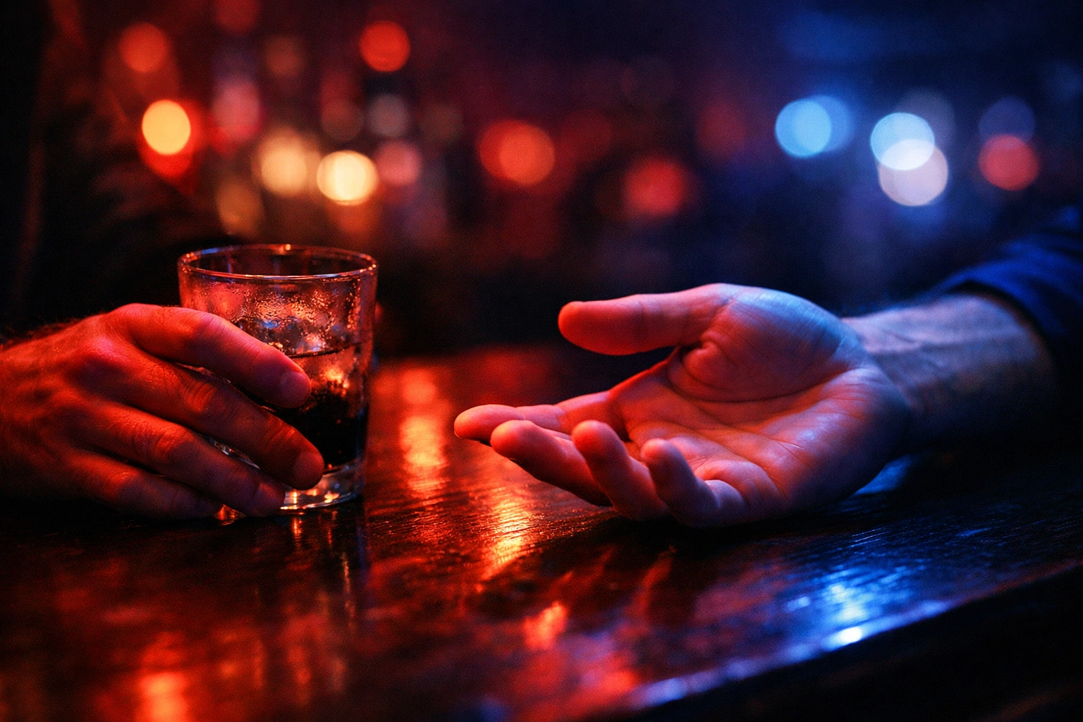 Two men's hands nearly touching across a bar, showing intimate connection in gay cruising culture