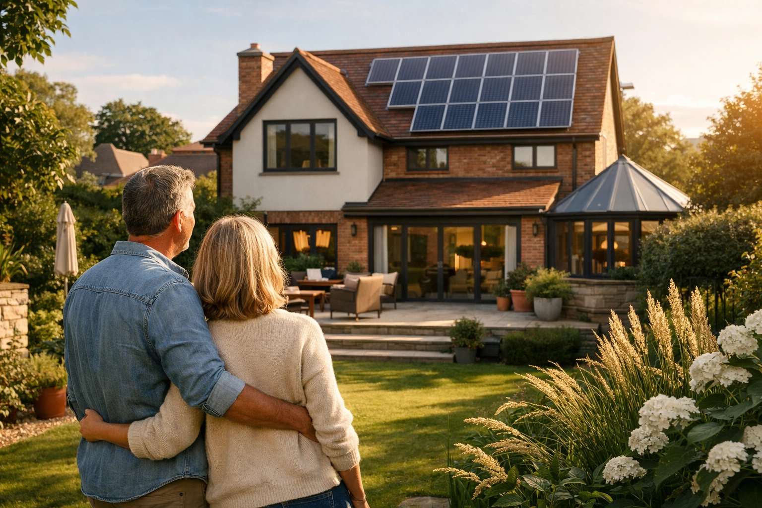 Homeowners in Bournemouth viewing their professional solar panel installation from their garden.