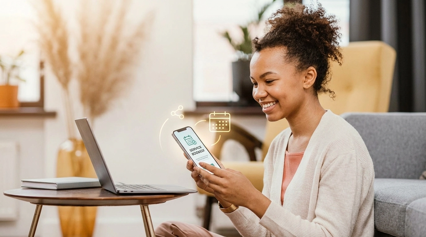 Happy homeowner booking a service with ease
