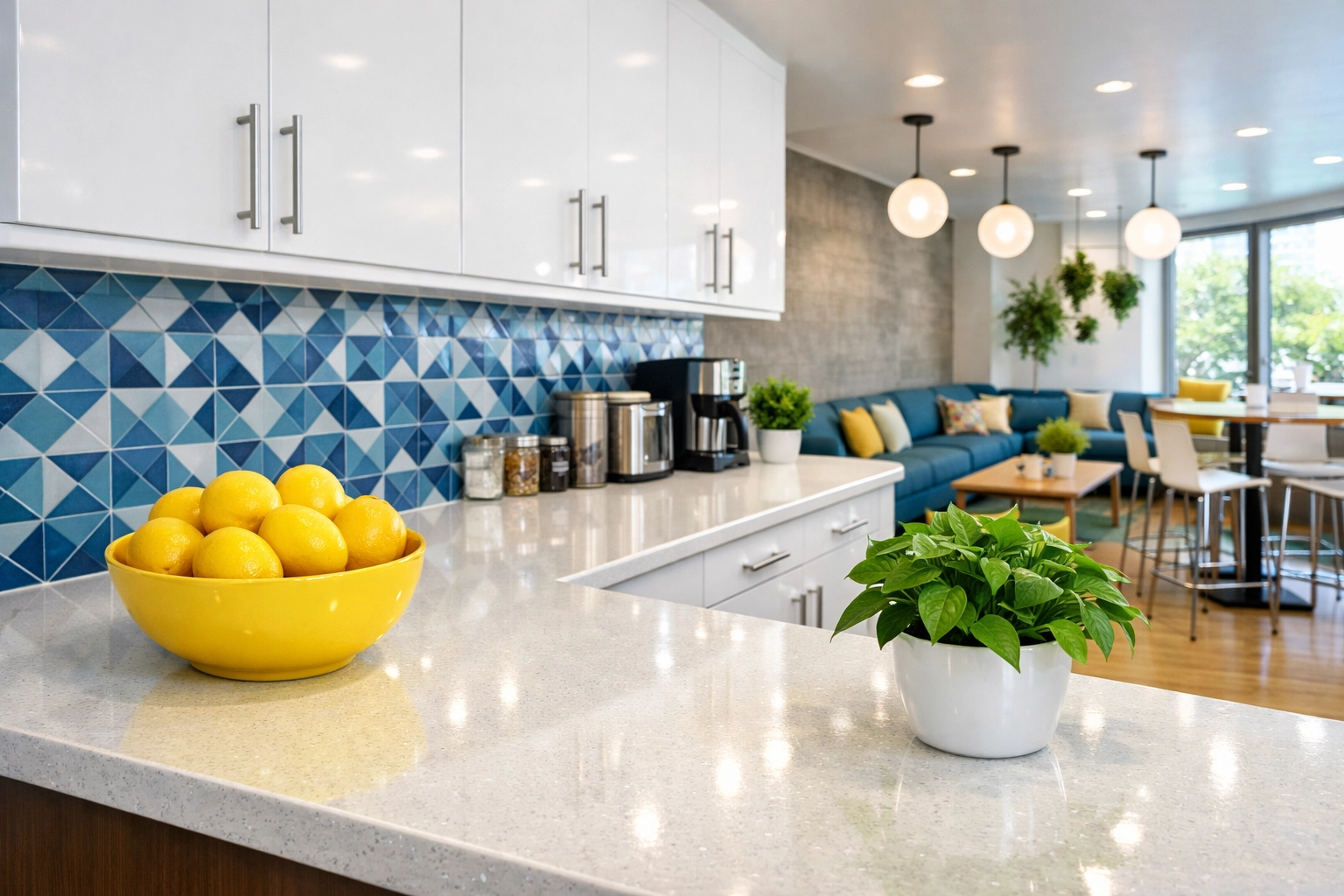 Eco-friendly office cleaning in Burlington featuring a spotless modern breakroom with white cabinetry.