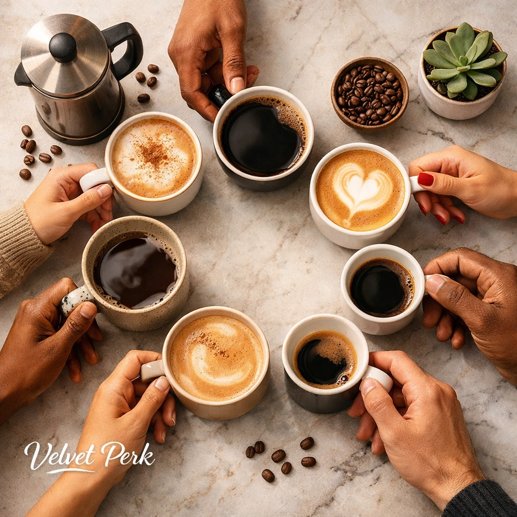 5 Reasons Your Coffee Shop Is the Perfect "Third Place" Diverse hands reaching for coffee cups together showing coffee shop community connection