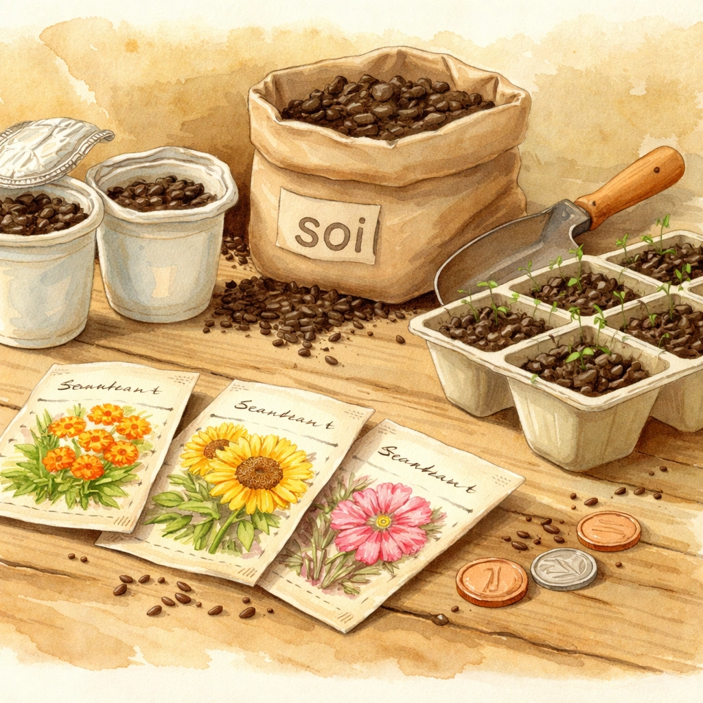 A collection of budget gardening supplies including seed packets, soil, and recycled containers arranged on a wooden table for kids' garden planning.