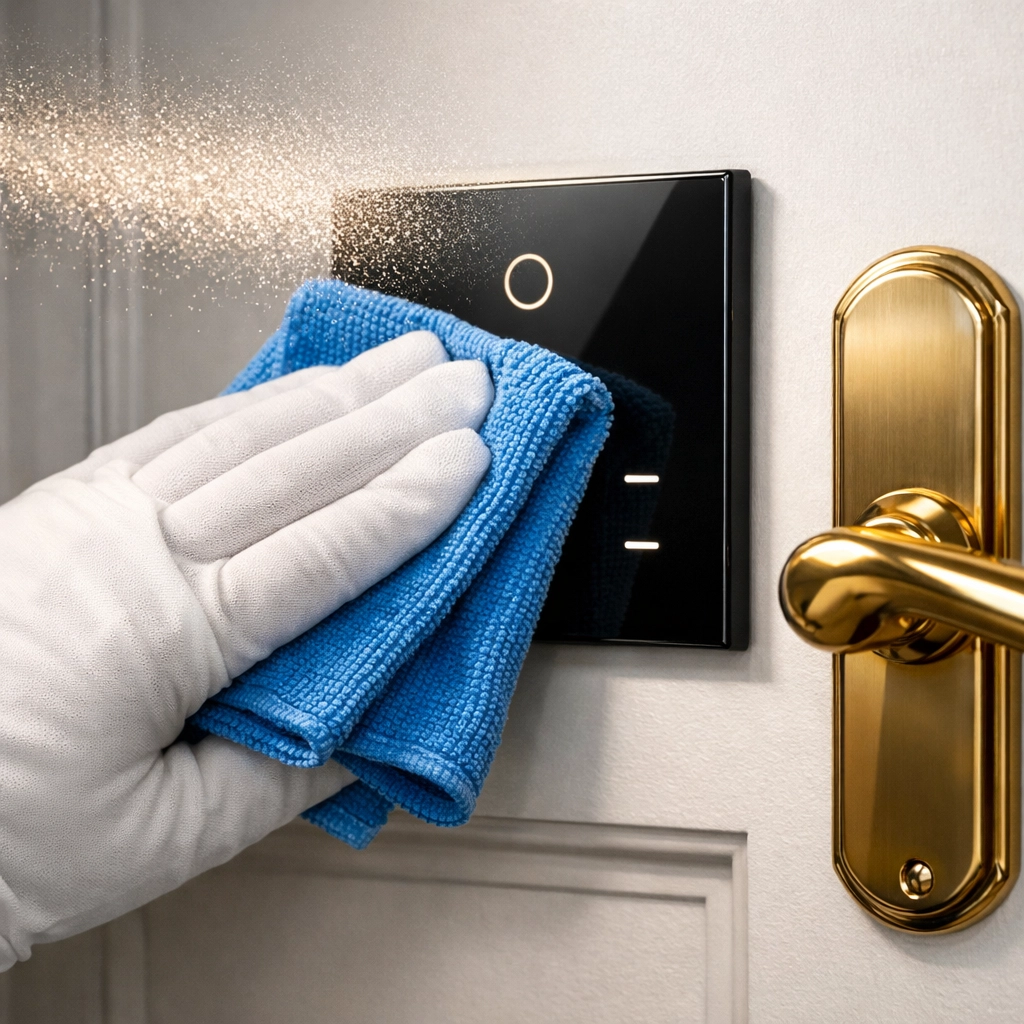 Sanitizing high-touch surfaces like light switches during a professional deep cleaning in Winter Park.