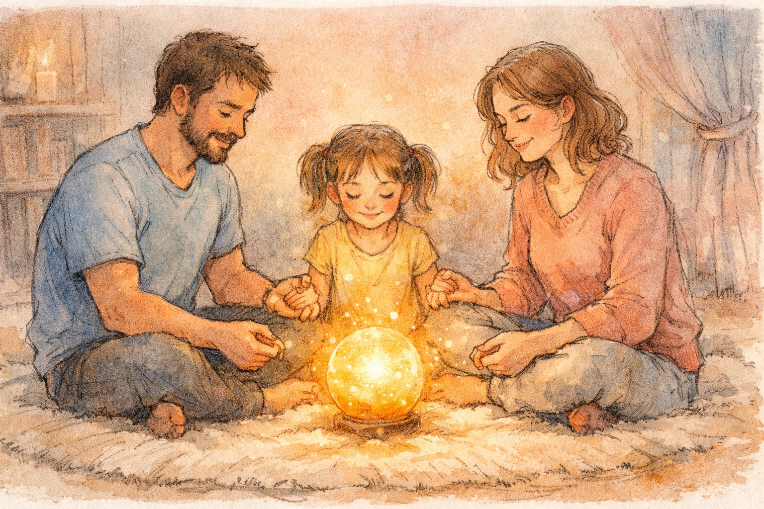 Family sitting together in prayer with a glowing orb of light showing spiritual unity and love.