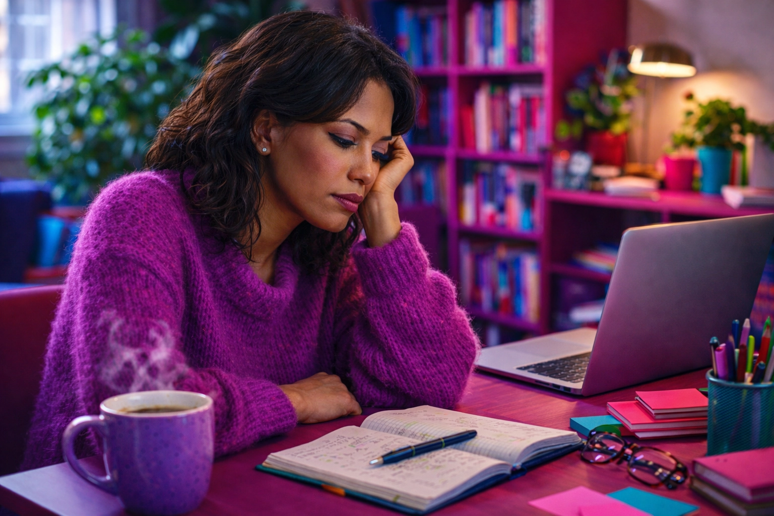 Woman at a desk reflecting on notes, showing the overthinking phase of personal growth strategies.