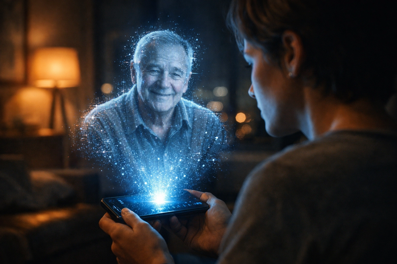 A person interacting with a digital holographic echo of a loved one through AI grief technology.