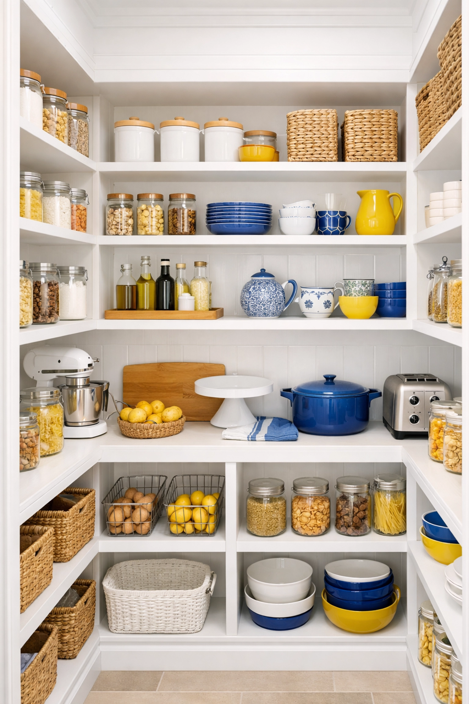 Perfectly clean white kitchen cabinetry and pantry shelving ready for move-in after a deep cleaning service.