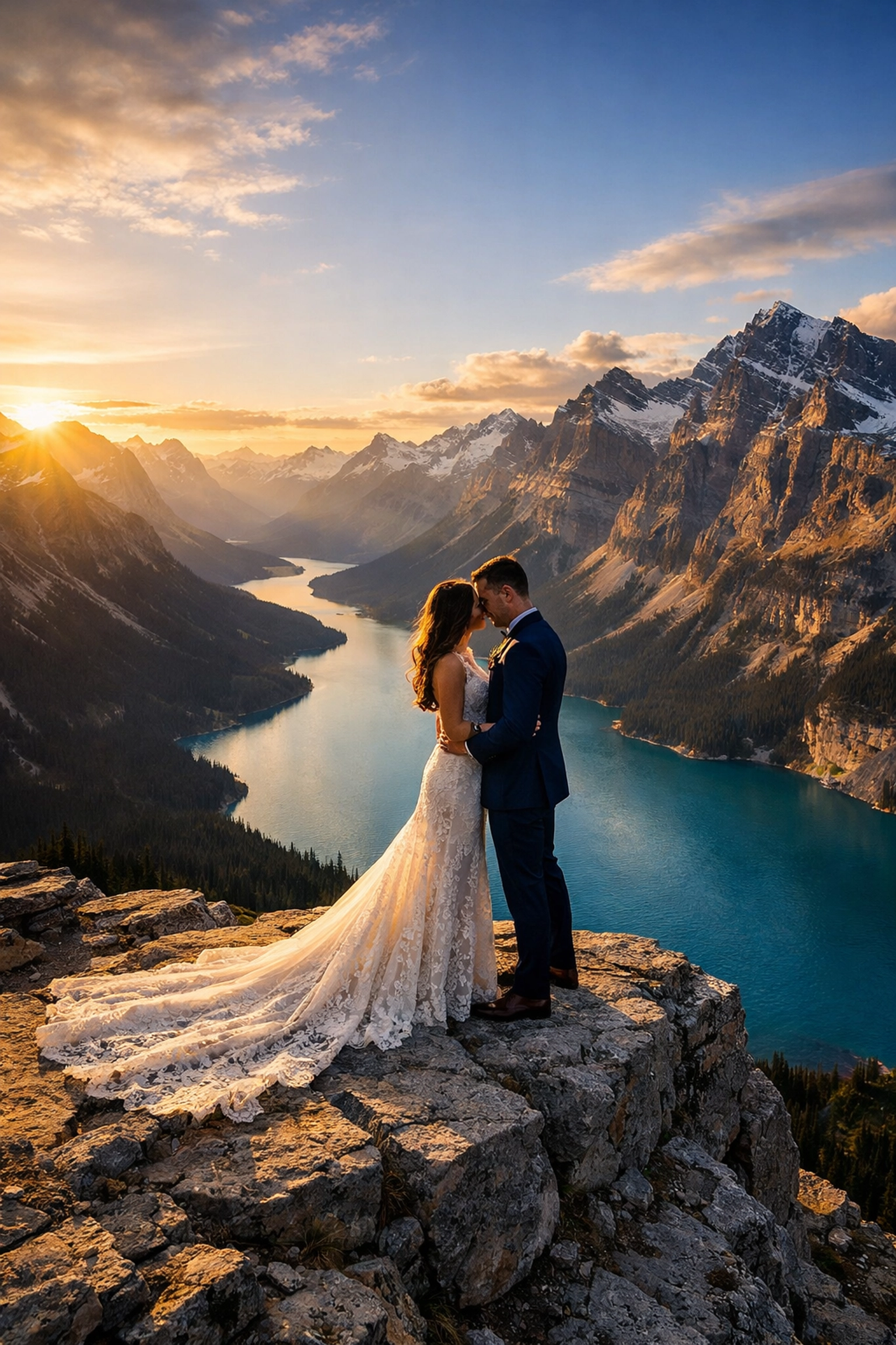 Professional Banff elopement photography capturing a couple on a Rocky Mountain ledge overlooking a turquoise lake.