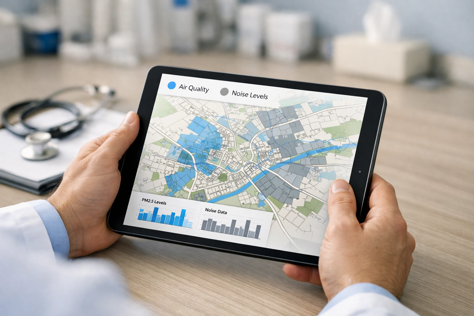 NHS clinician using digital health data to monitor local air quality levels for respiratory patient care.
