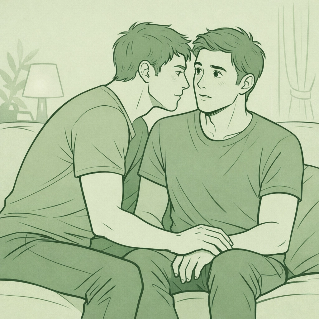 Gay couple on couch as one man leans in for first kiss showing vulnerability