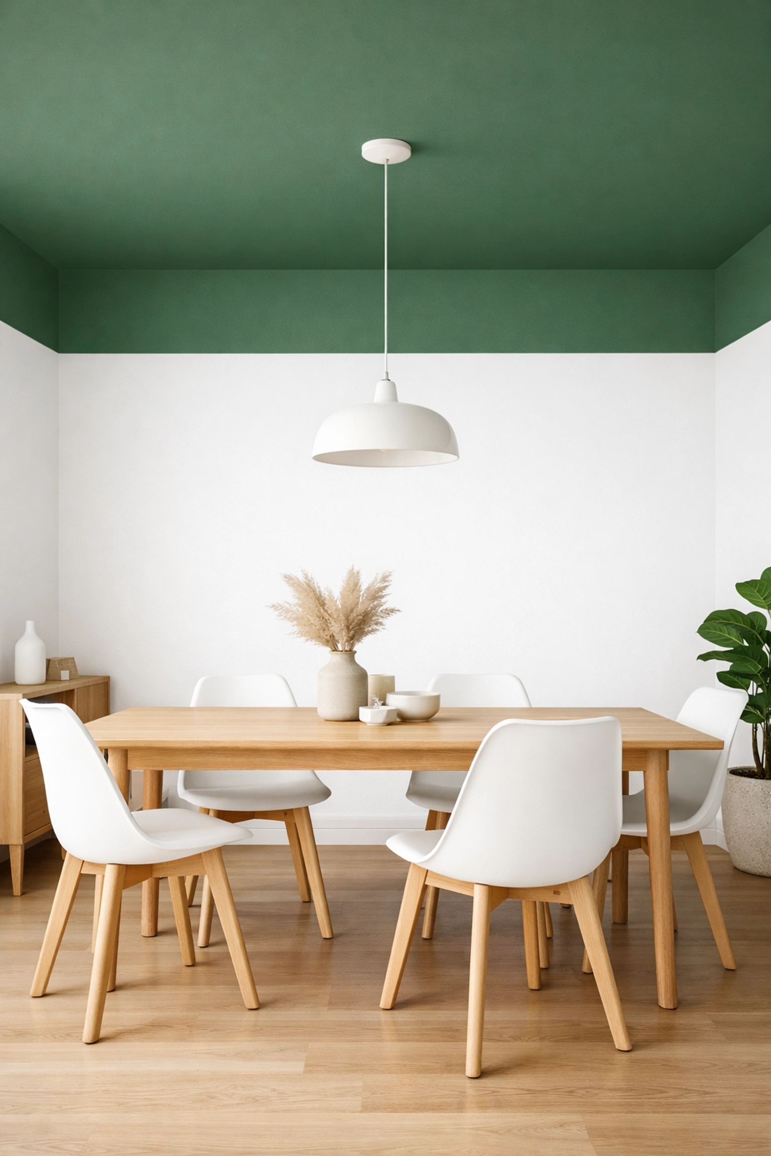 Forest green faux coving paint effect on a ceiling and upper wall in a modern dining room.