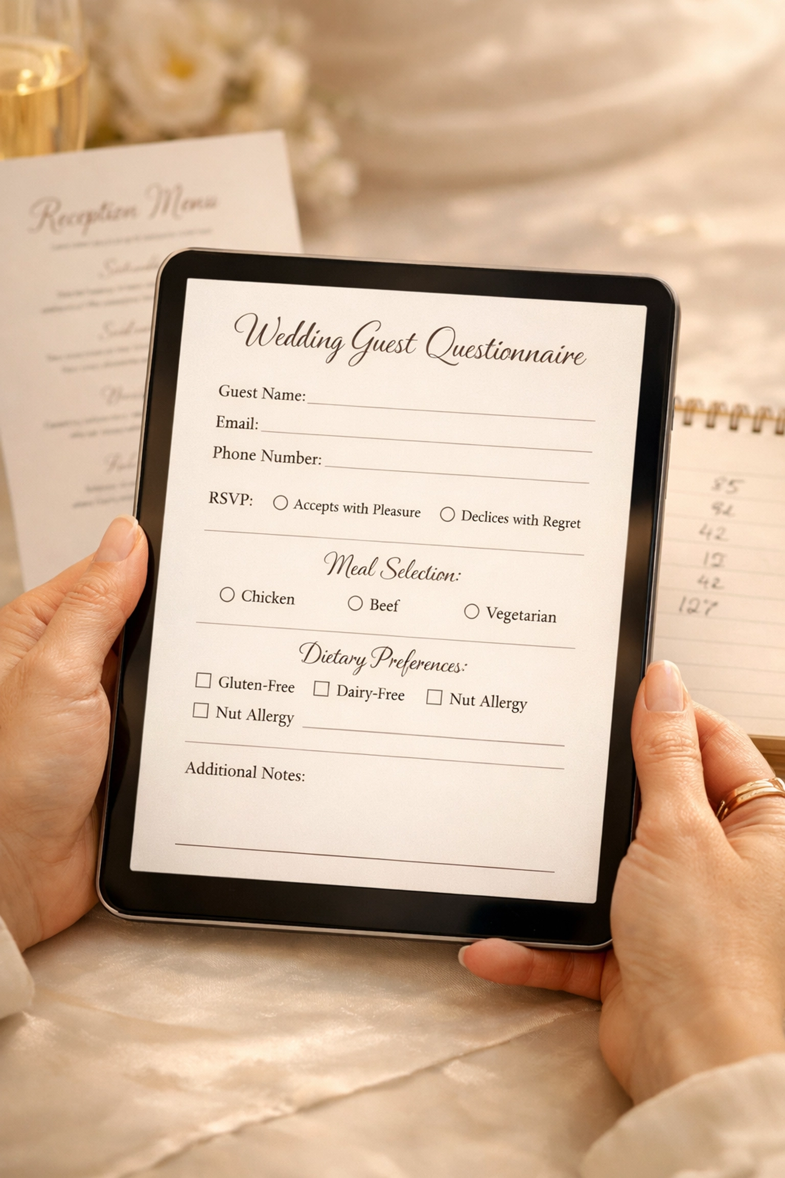 Tablet displaying online wedding RSVP form with meal selections and dietary preferences