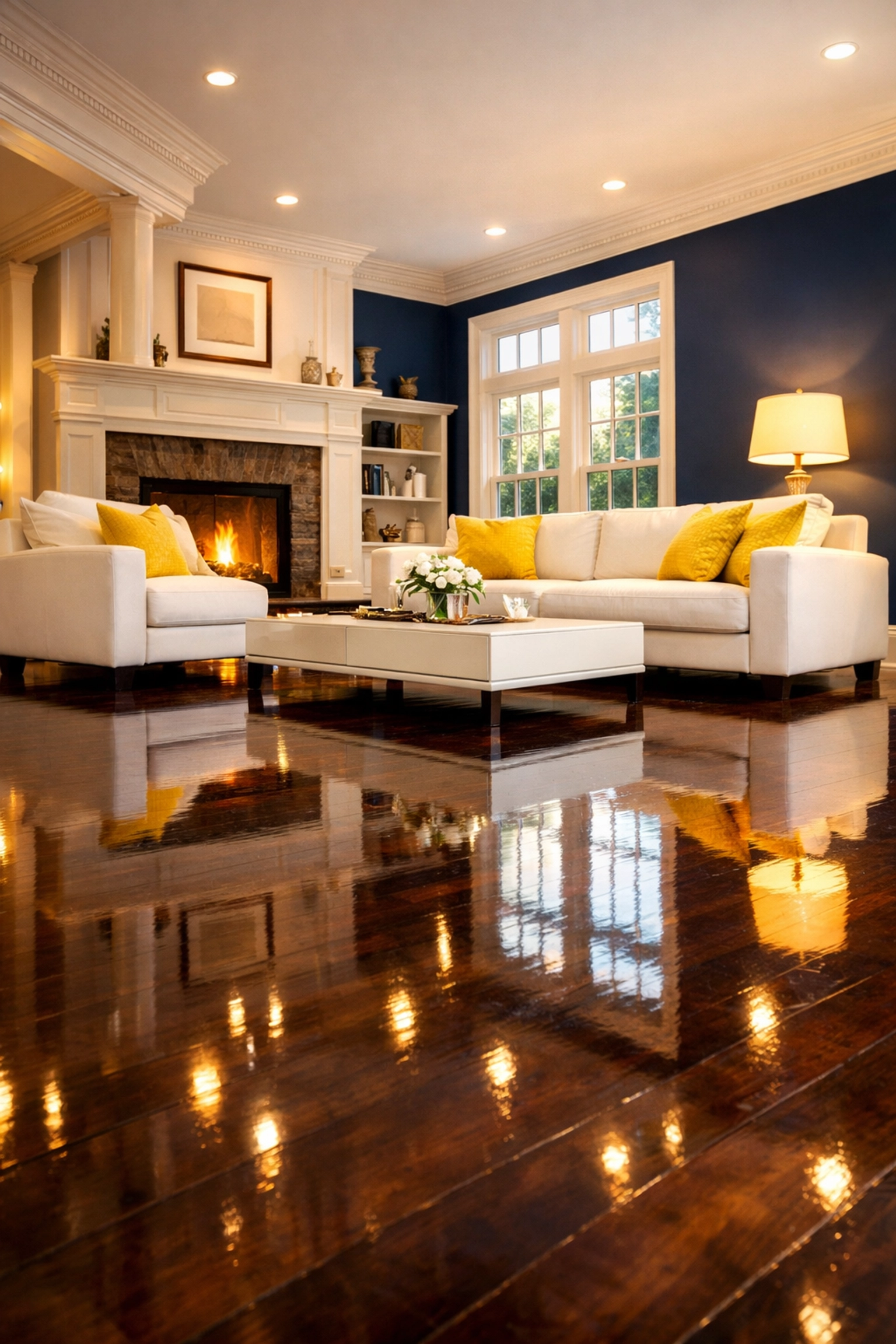 Deeply cleaned living room with shiny floors from a reliable house cleaning service in Lexington MA.