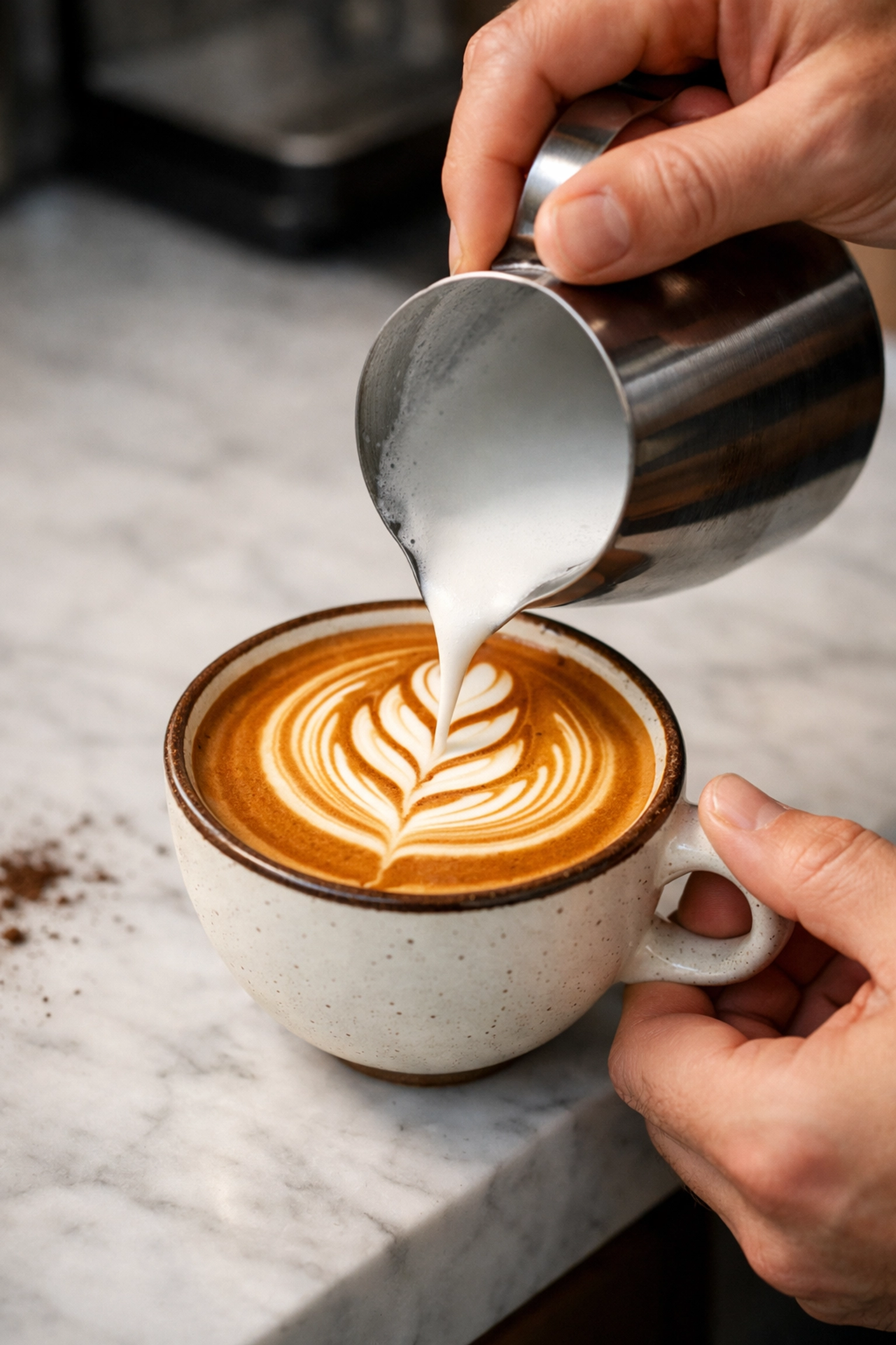 Close-up of a barista pouring precise latte art, showcasing specialty coffee quality and expert training.