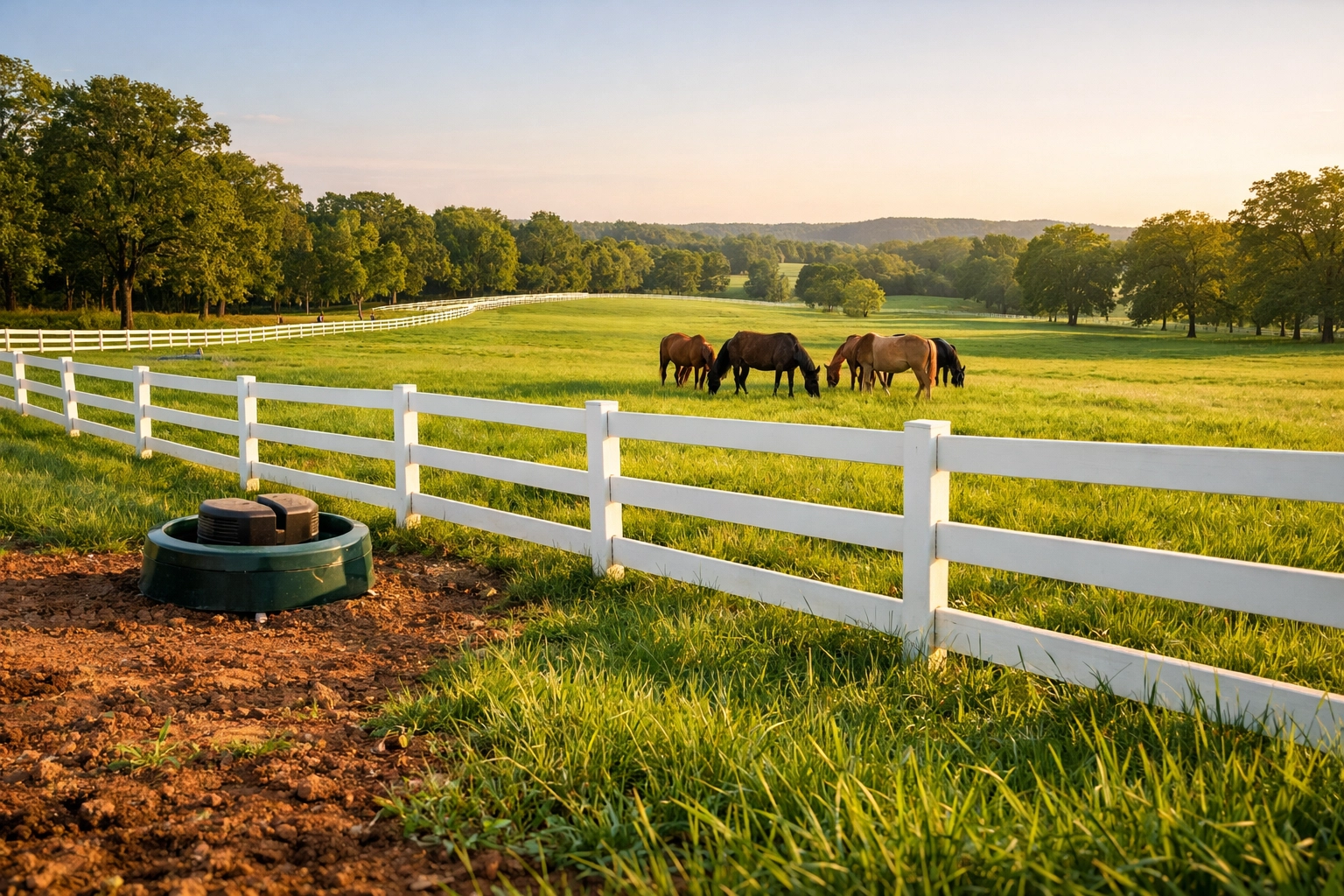 Well-maintained horse pasture in North Carolina with white fencing and grazing horses