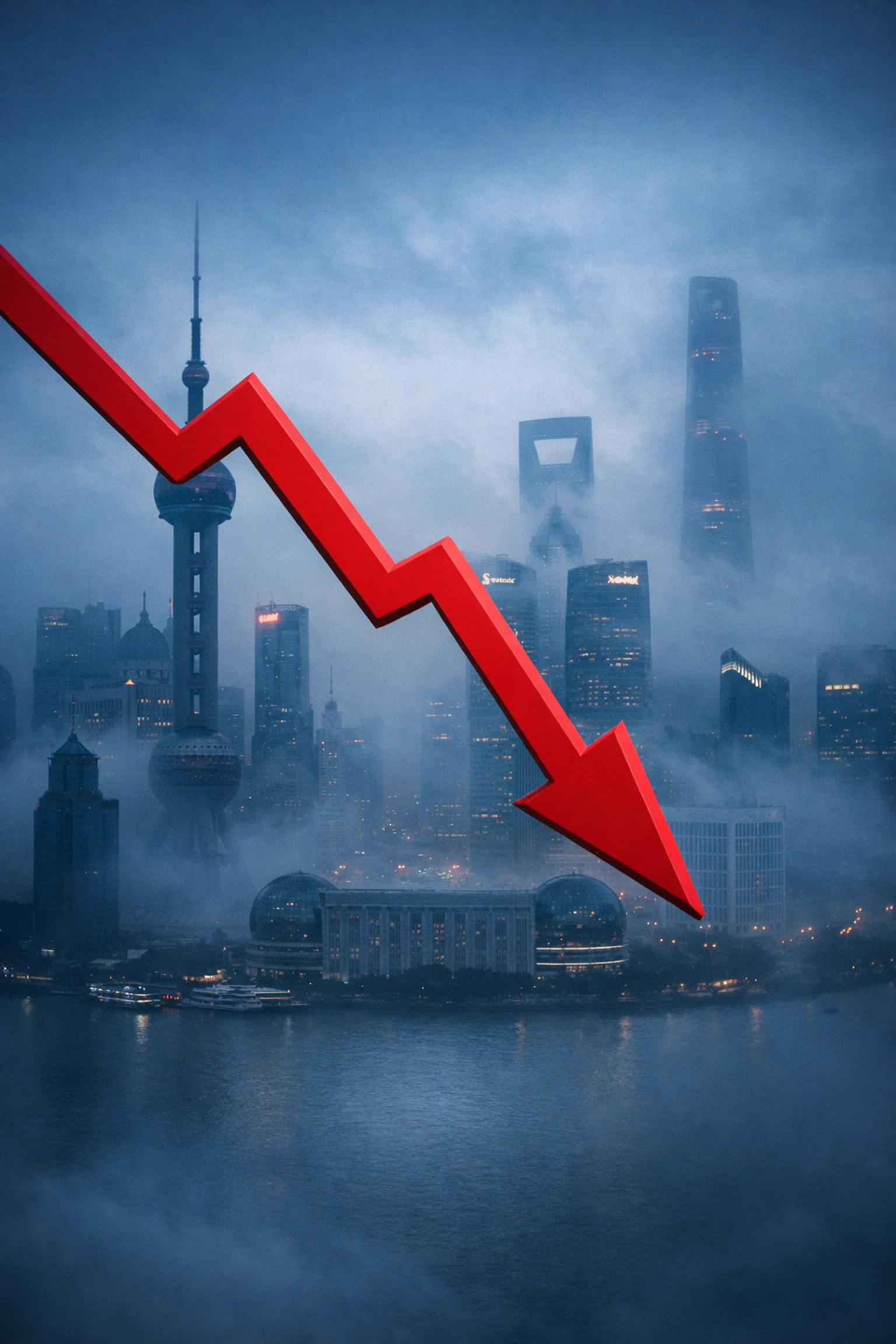 Chinese cityscape with downward arrow symbolizing China's deflationary economic pressures