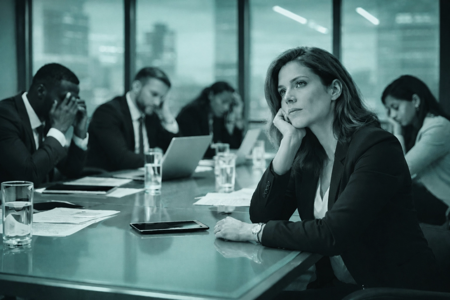 Diverse executive team in a modern boardroom showing signs of change fatigue during a transformation project