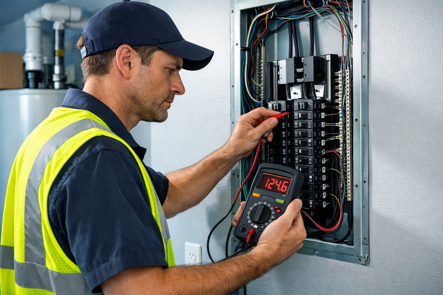 Emergency electrician testing a residential electrical panel in Florida with a digital multimeter.