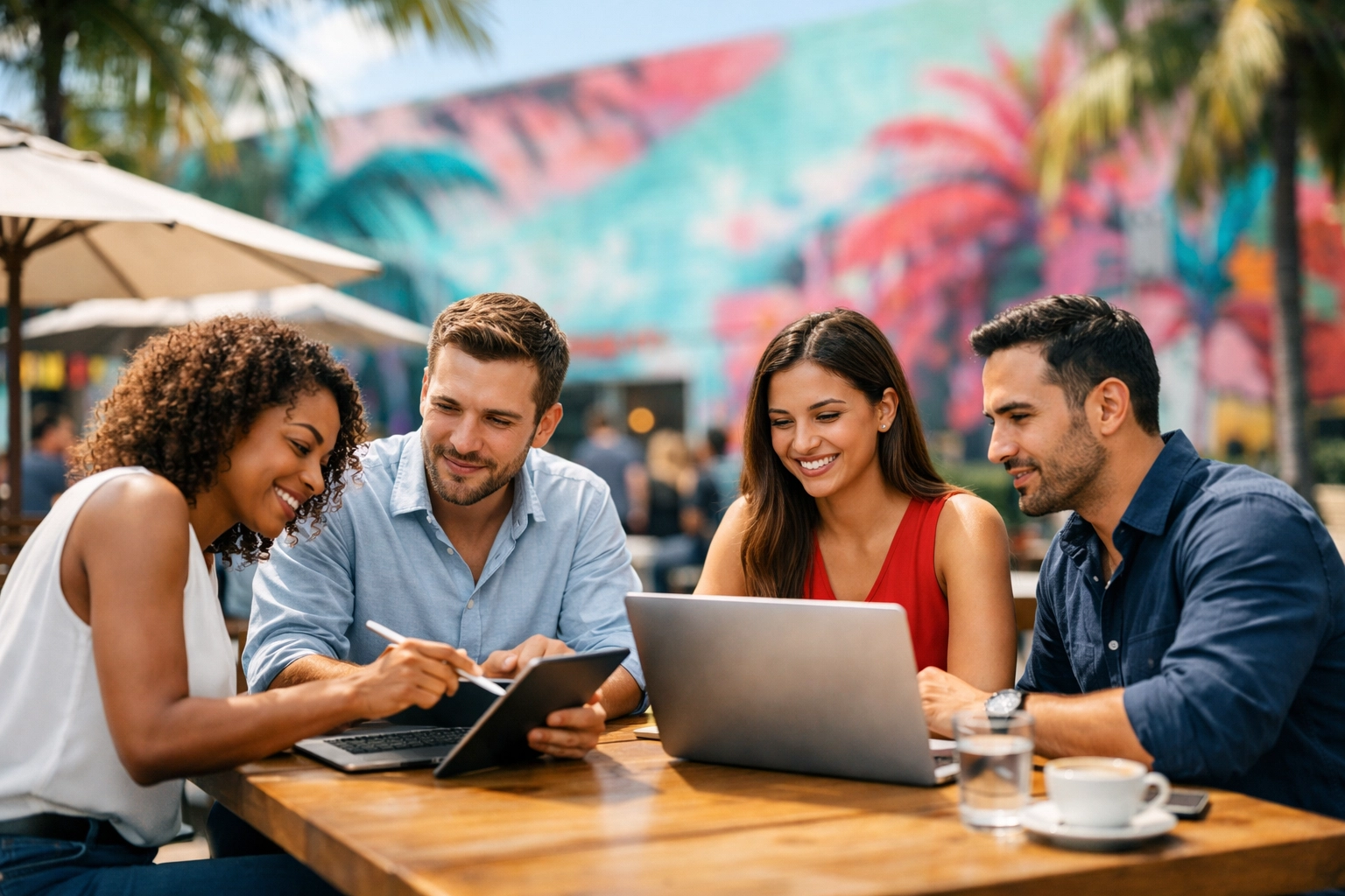 Diverse professionals collaborating on bilingual SEO strategies in a modern Miami digital marketing hub.