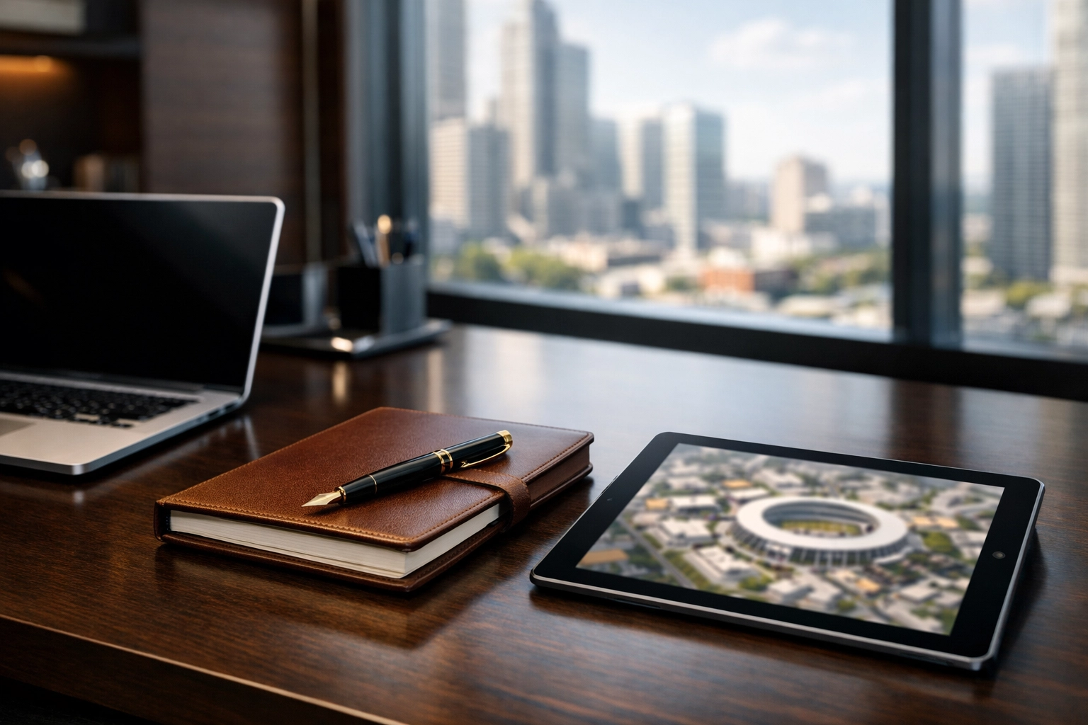 Executive desk with a tablet showing a stadium map for Super Bowl business strategy planning.