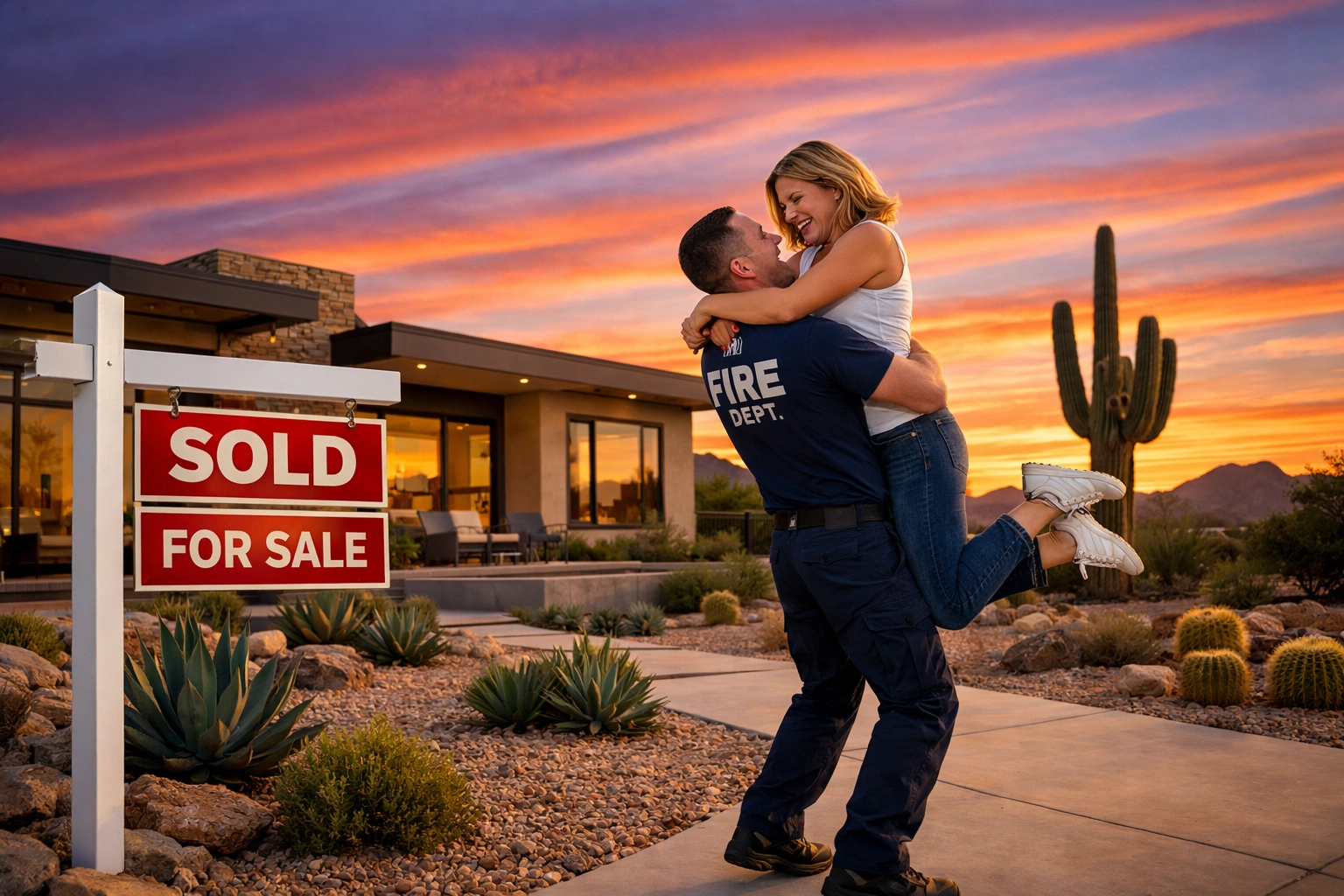 Firefighter celebrating a successful Phoenix home sale using a flat fee Realtor to maximize home equity. Firefighter celebrating a successful Phoenix home sale using a flat fee Realtor to maximize home equity.