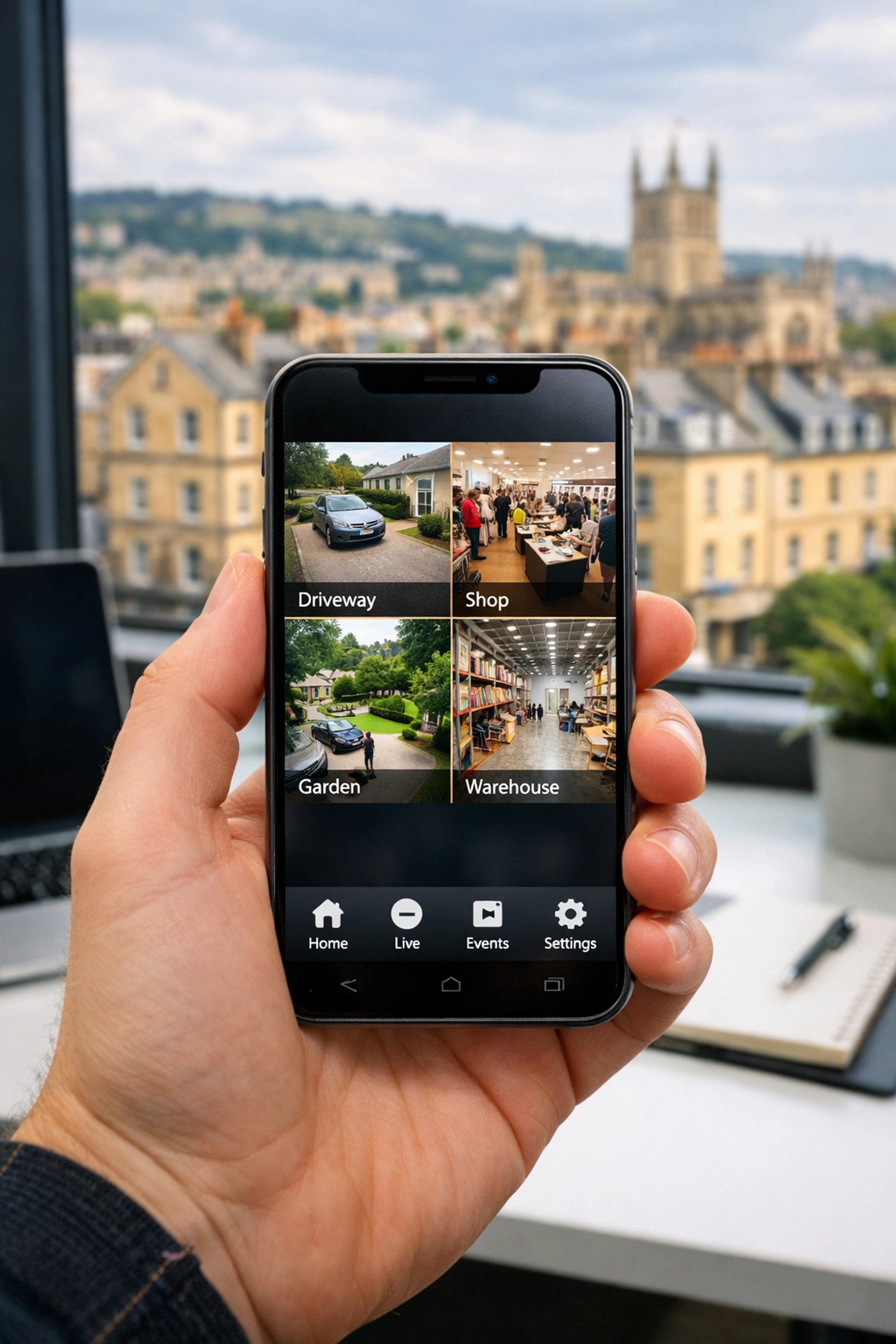 Remote viewing app on a smartphone showing live CCTV feeds for home and business security in Bath.