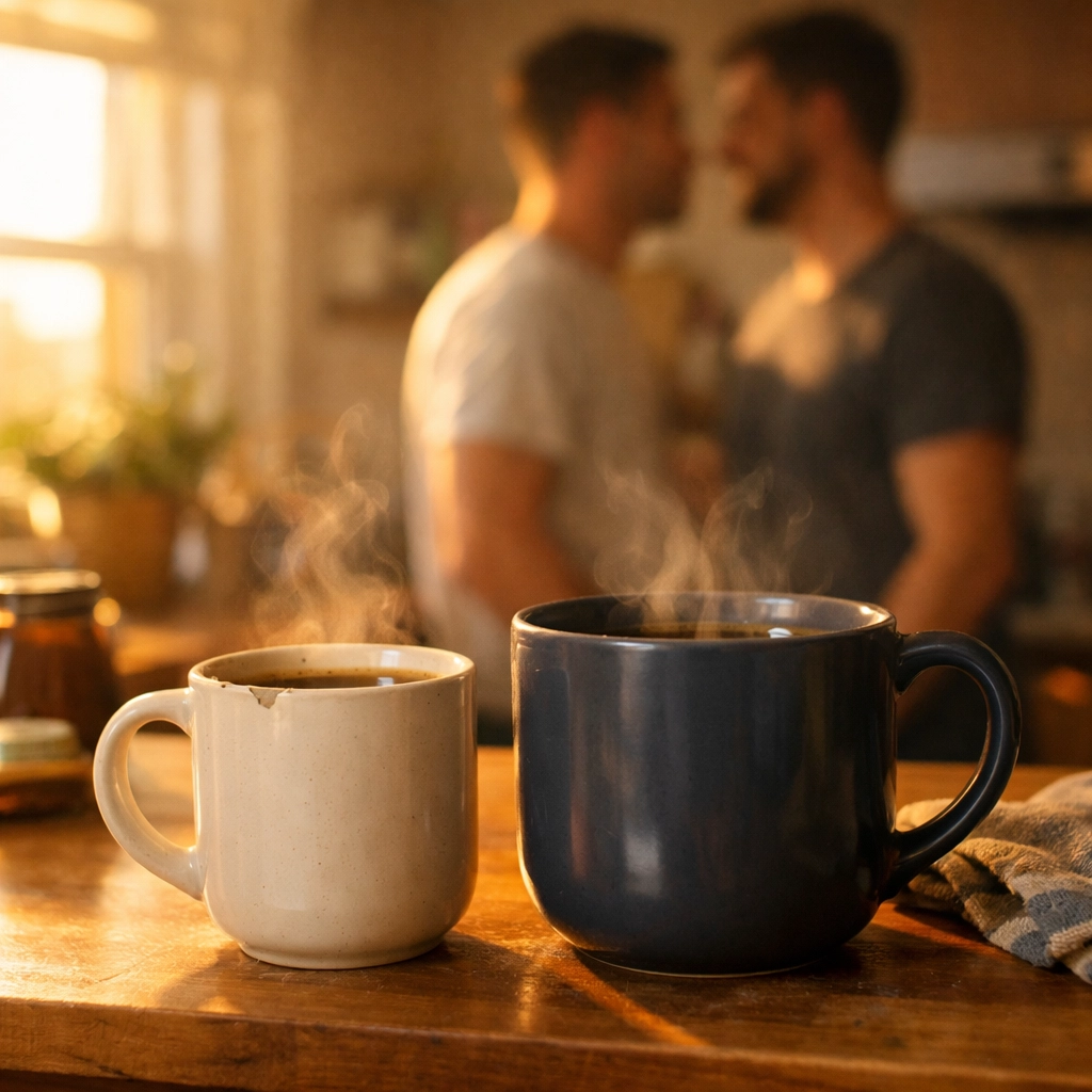 Two coffee mugs on kitchen counter representing gay couple's Sunday morning ritual