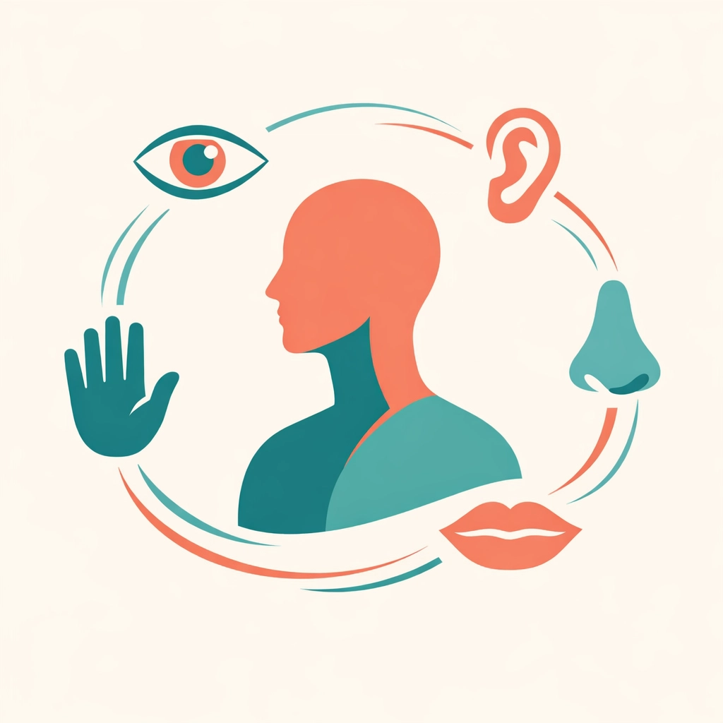 Person surrounded by five senses symbols practicing grounding technique for deeper worship presence