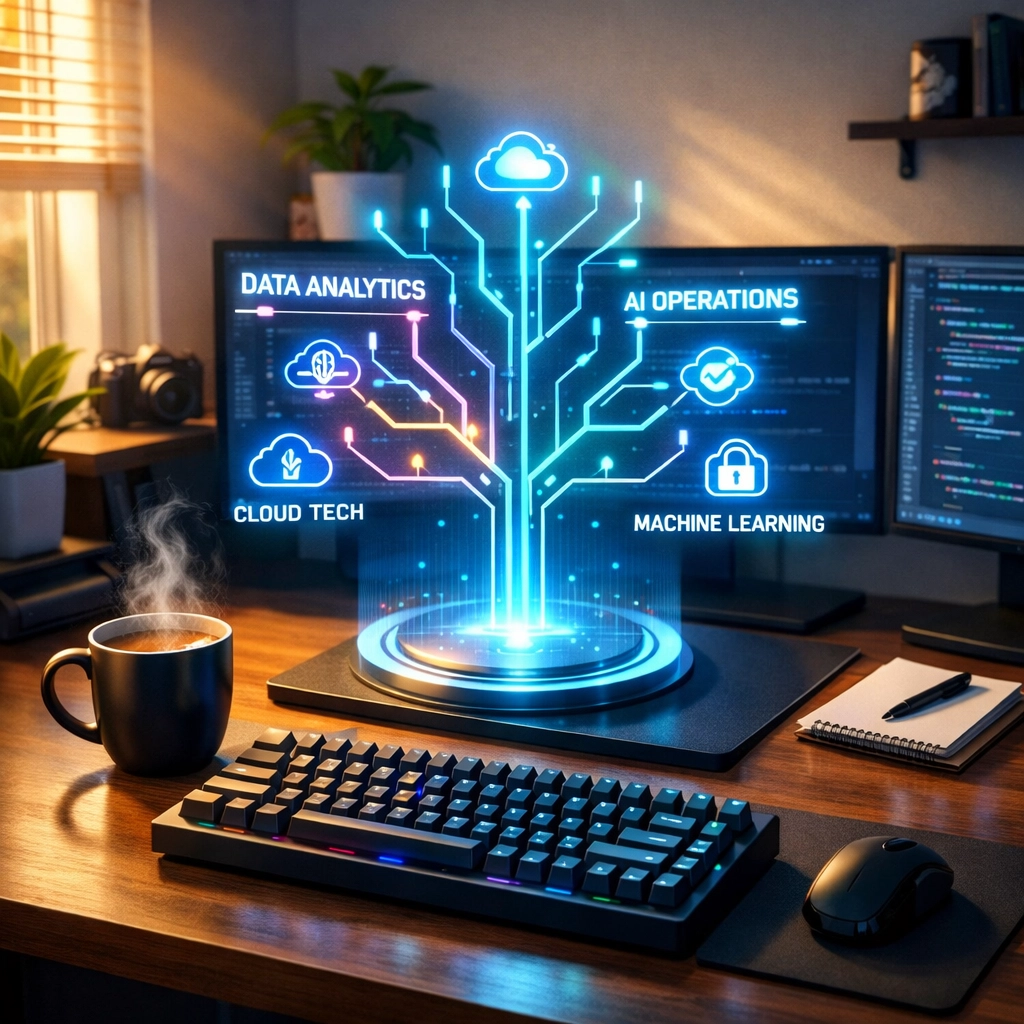 Home office setup featuring a digital skill tree for planning a career pivot into the tech industry.