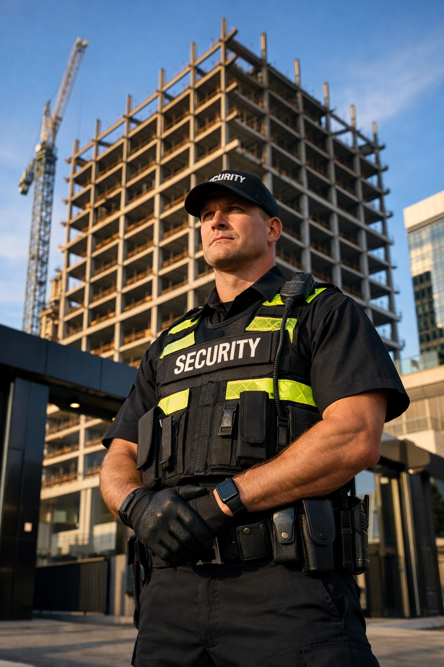 A vigilant KGFM security guard providing manned guarding services at an urban construction site.