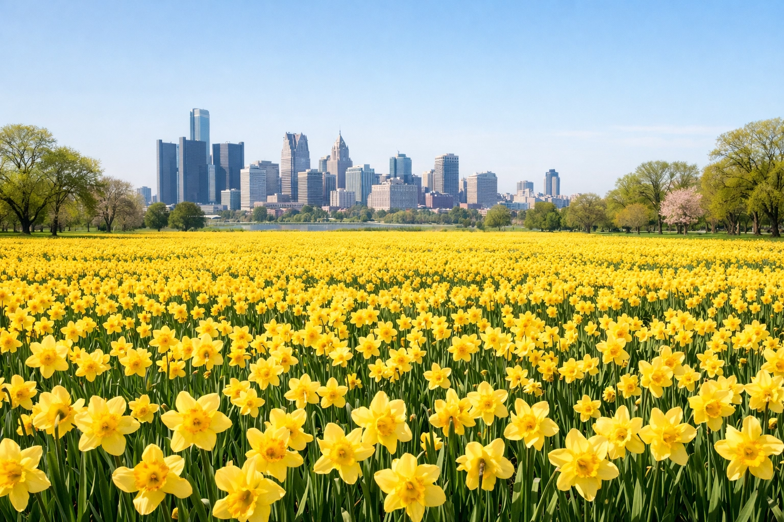 Vibrant field of yellow daffodils in a Detroit park with the city skyline in the background.