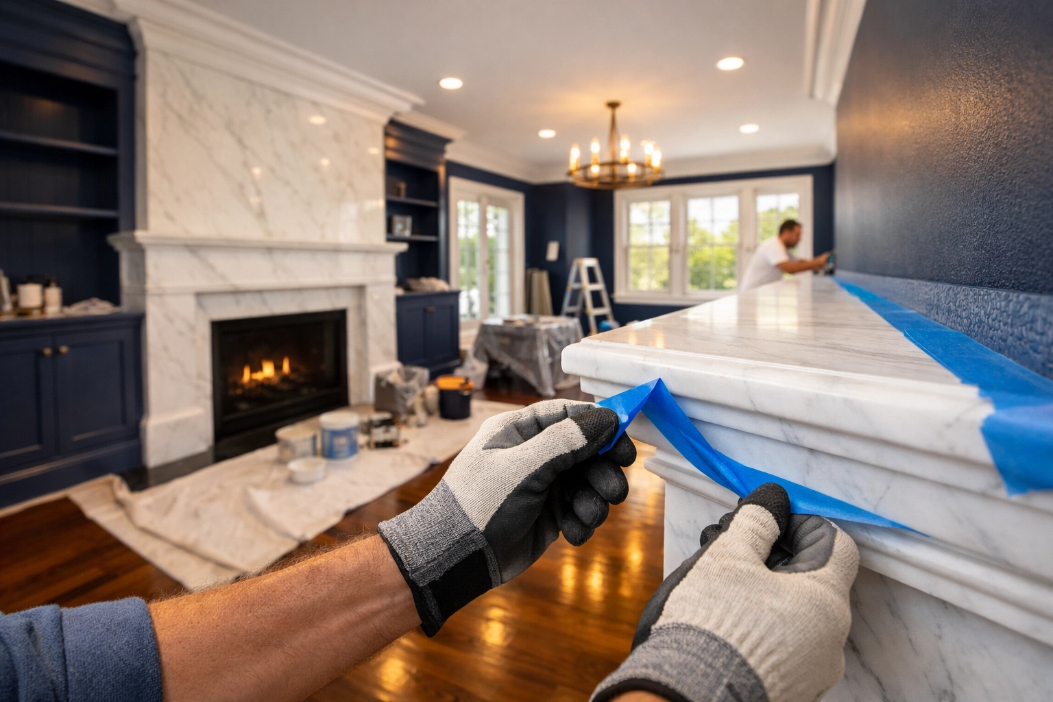 Post-construction cleaning services MA: professional team finishing a luxury fireplace renovation cleanup.