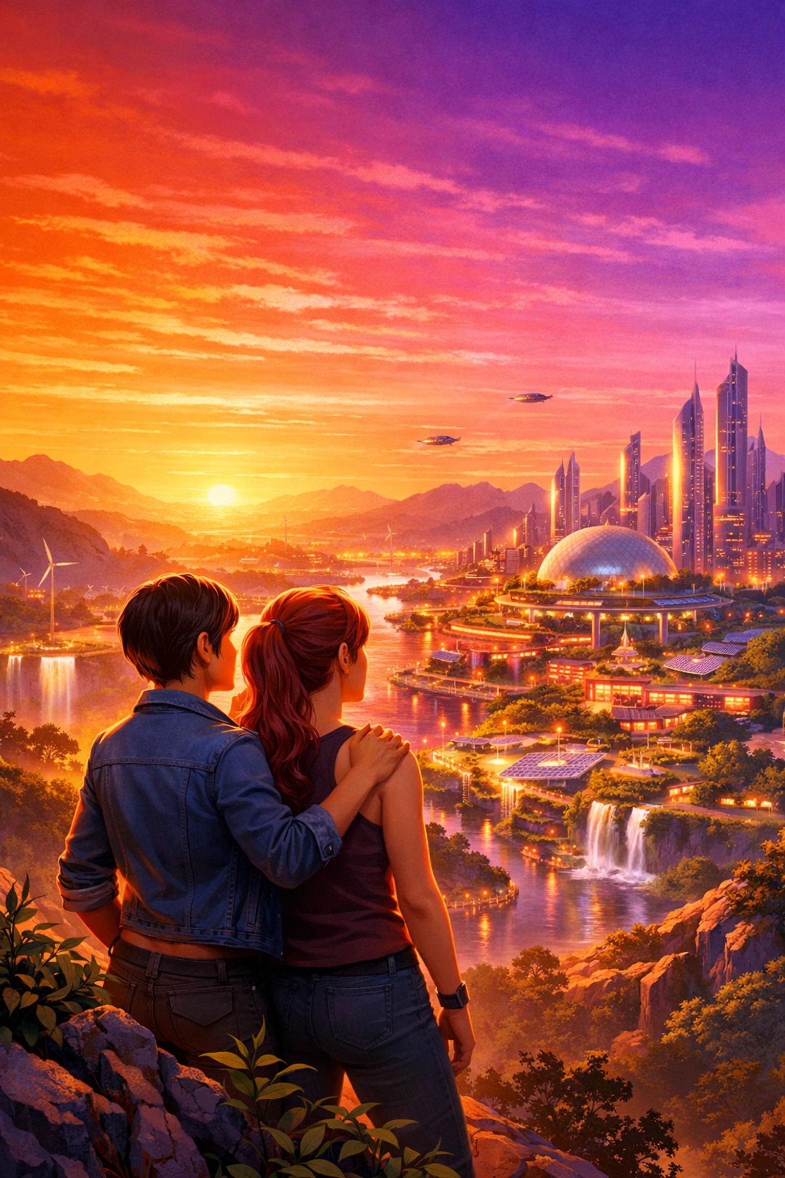 A lesbian couple looking toward a visionary future at dawn, representing systemic change and LGBTQ+ hope.