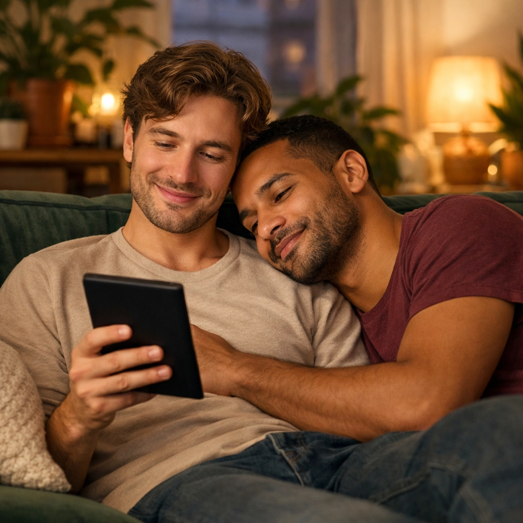A diverse gay couple cuddled on a sofa reading popular MM romance books on an e-reader at Read with Pride.