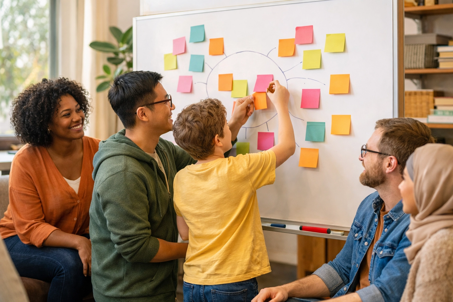 A coach supports an adult and teen as they map strengths together with colorful sticky notes, symbolizing a strengths-based approach.