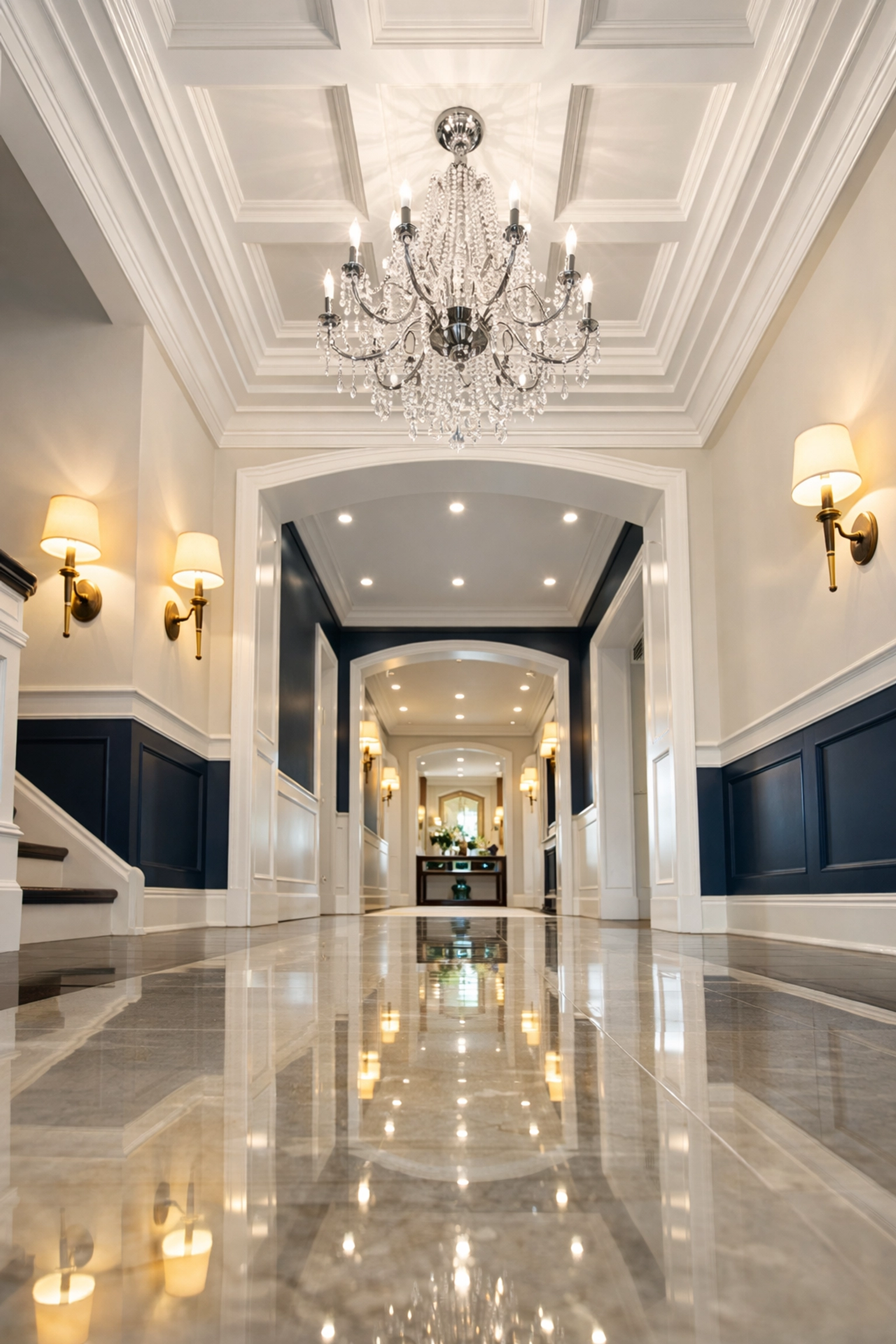 A gleaming, professionally cleaned home entryway in Tolland featuring polished floors and dust-free surfaces.