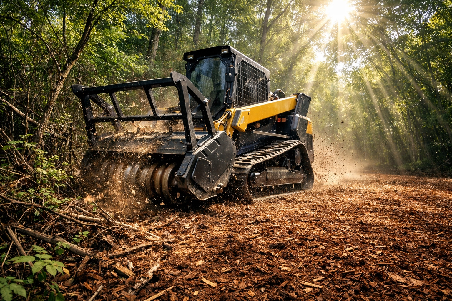 Heavy-duty forestry mulcher clearing dense brush on a Chattanooga land clearing site.