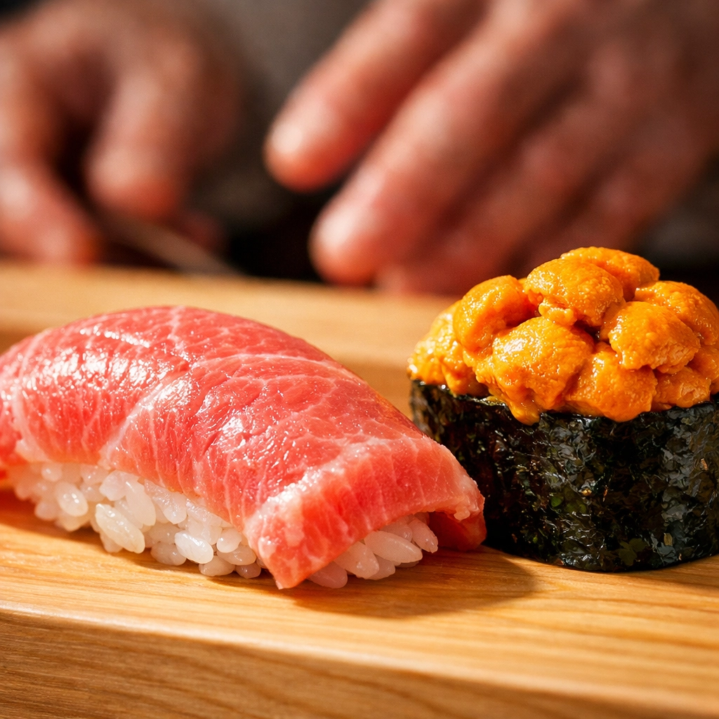 Fresh fatty tuna and sea urchin nigiri sushi served at a high-end Tsukiji market restaurant.