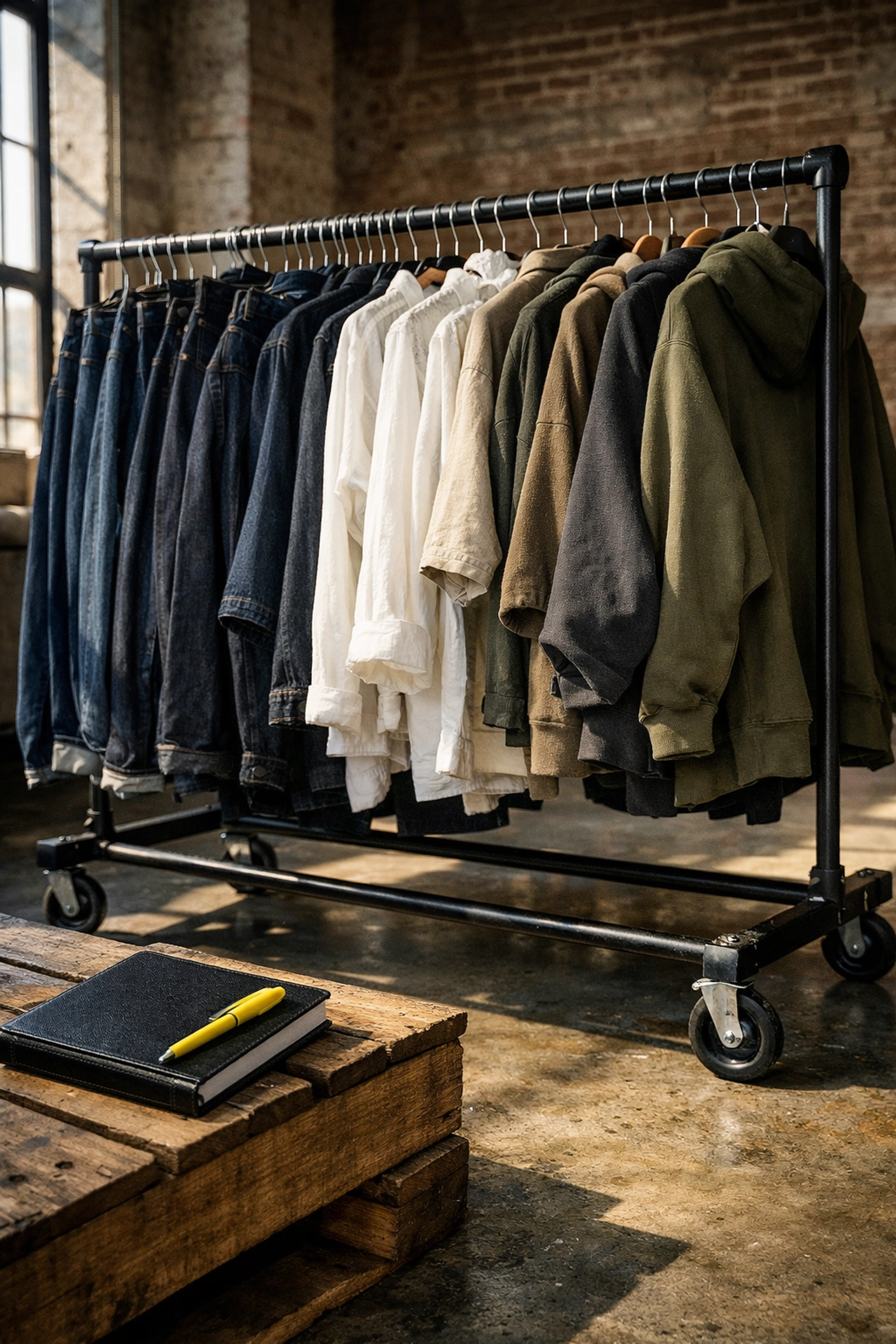 High-quality bulk apparel on a garment rack inside a wholesale clothing distribution warehouse.
