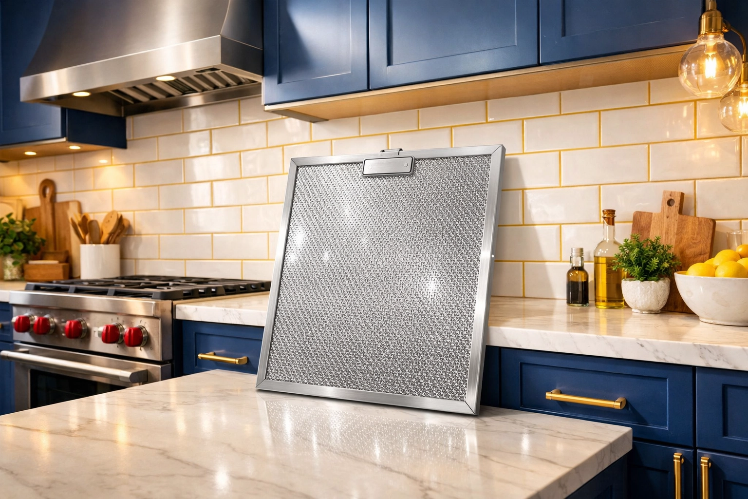 Clean range hood filter drying after a professional weekly or bi weekly house cleaning service.