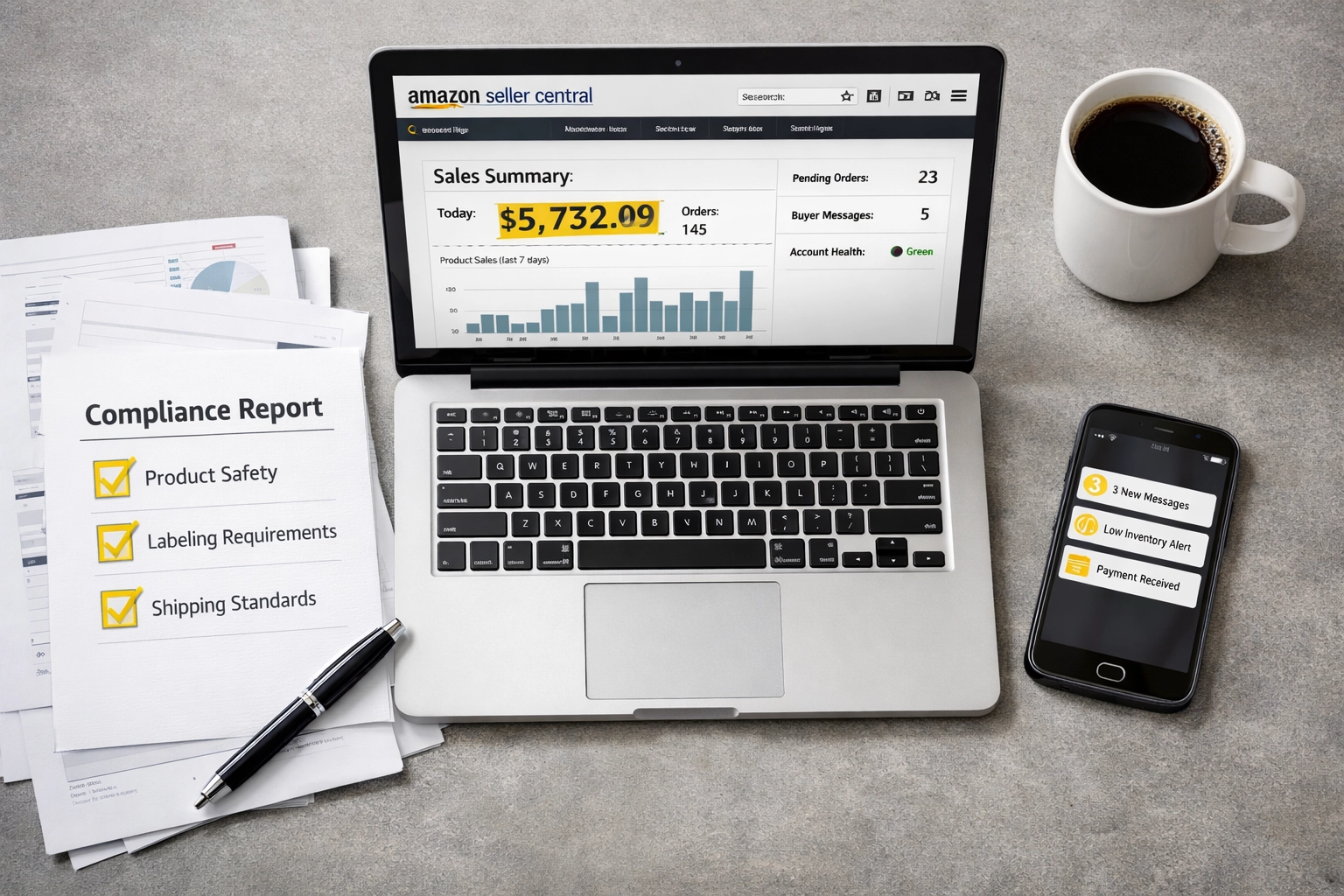 Professional workspace with Amazon Seller Central dashboard showing account management and compliance