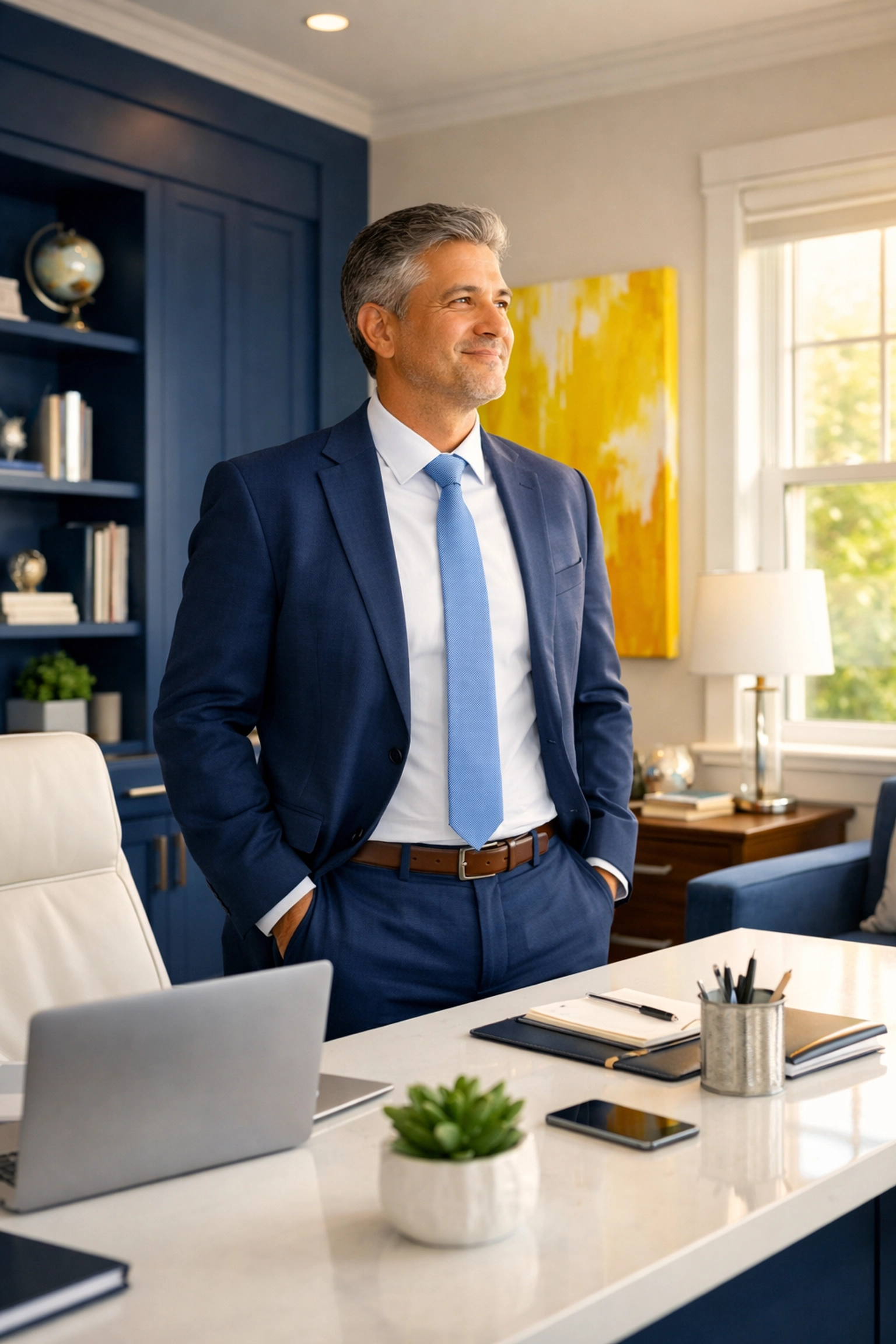 A happy professional in a clean, organized Maynard executive office after professional cleaning services.