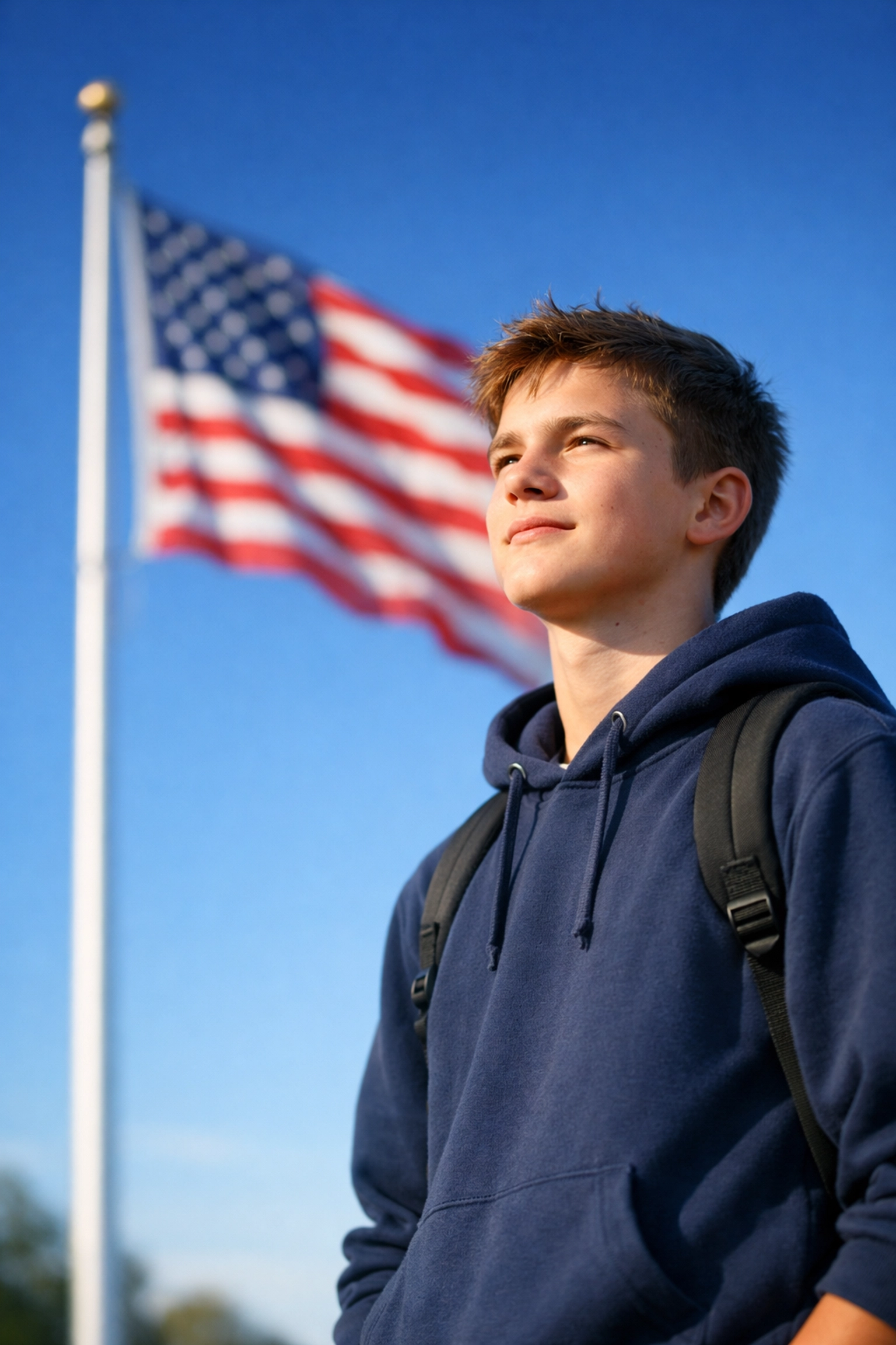 A teenage student standing by an American flagpole representing the next generation of informed citizens.