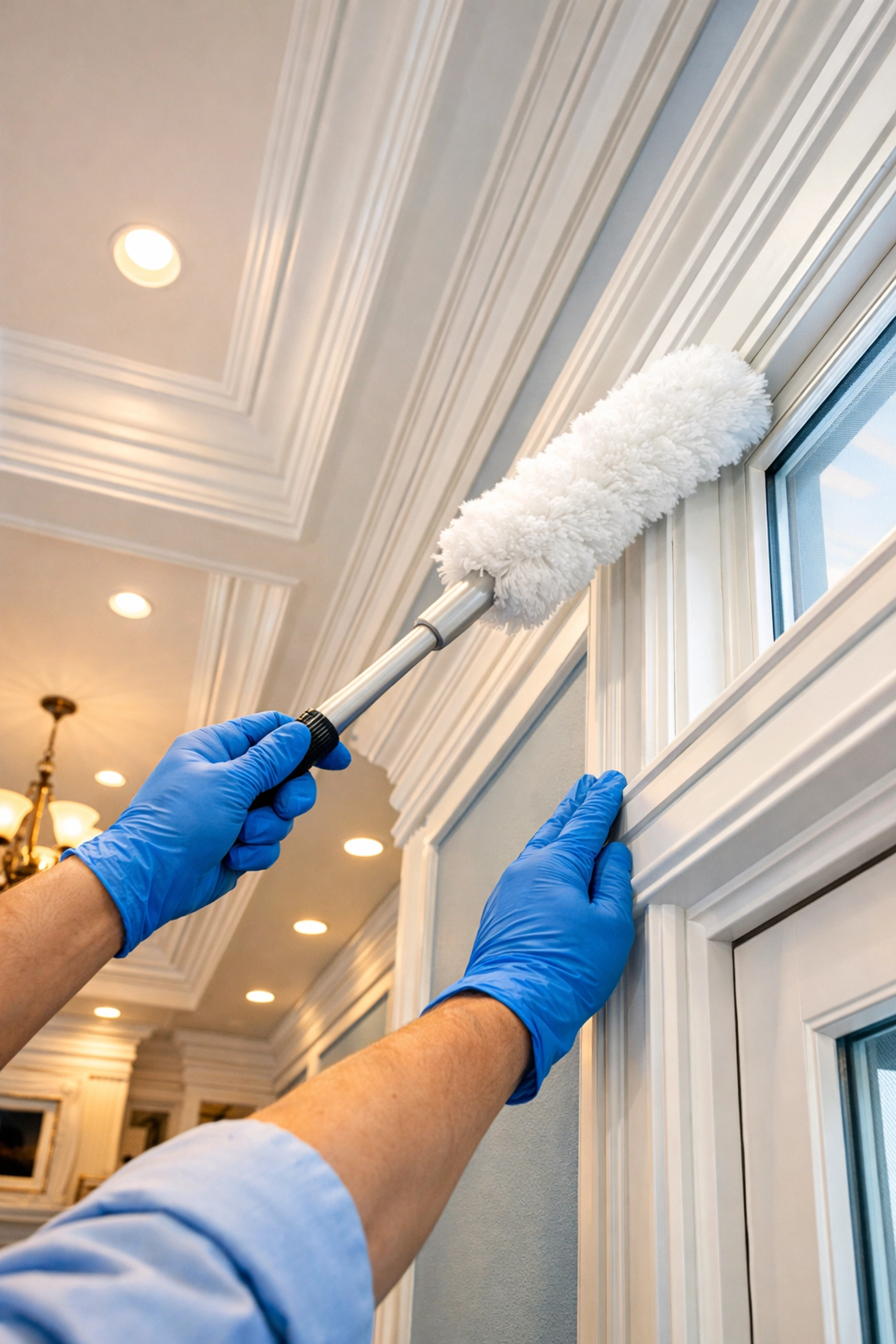 Professional cleaner dusting high-detail crown molding as part of a post construction cleaning service in MetroWest.